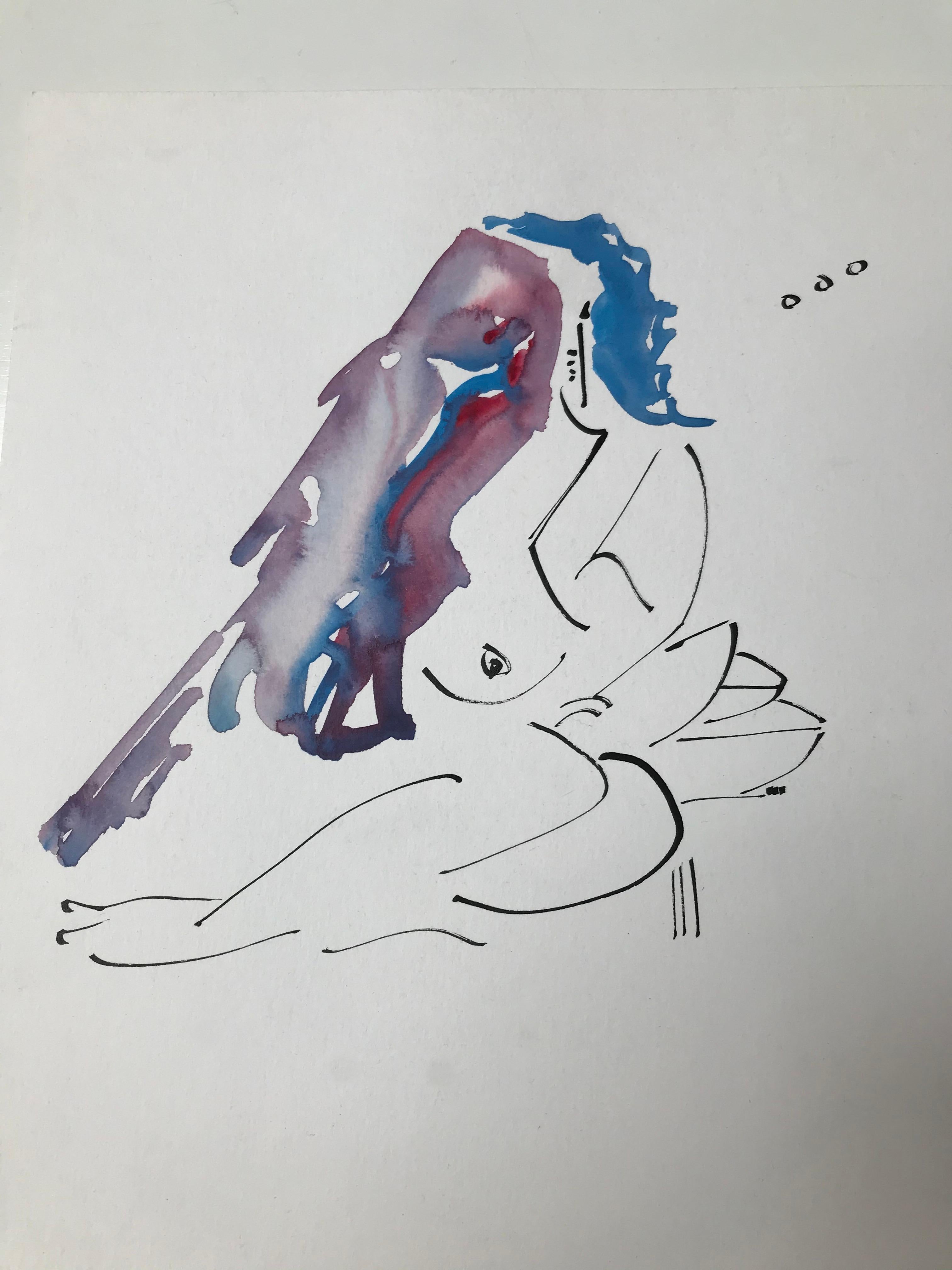 „Blaue Haarfrau und ein Vogel“ Minimalistisches Aquarell #3 von Christopher Paul Cobb im Angebot 1