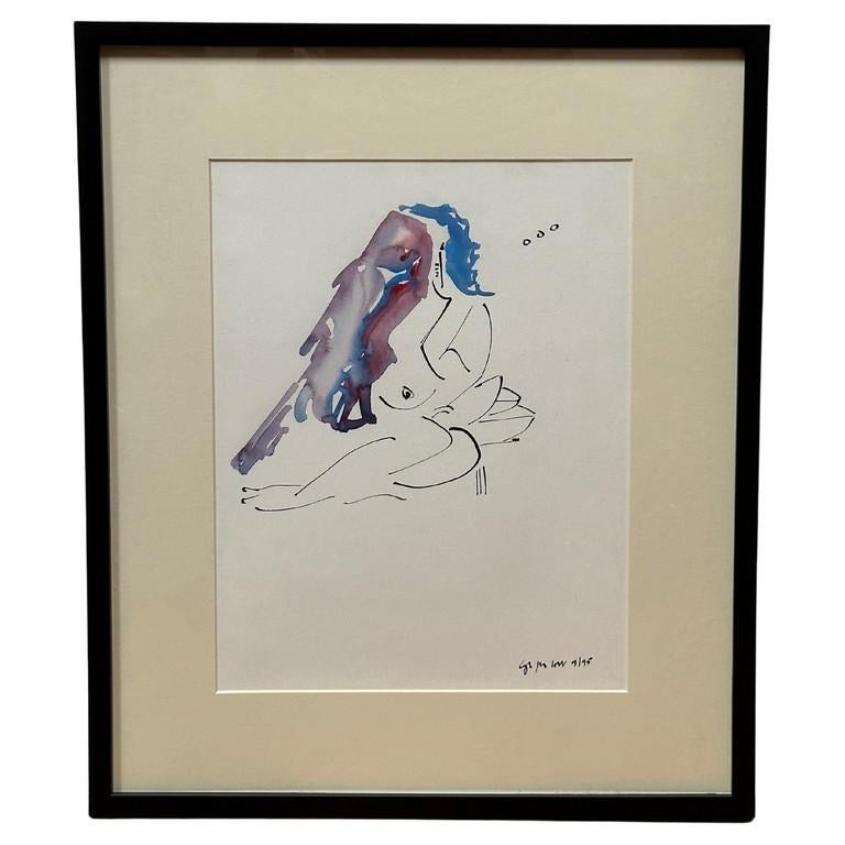  "Blue Hair Woman and a Bird" Minimalist Watercolor #3 by Christopher Paul Cobb