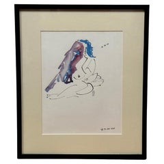 Vintage  "Blue Hair Woman and a Bird" Minimalist Watercolor #3 by Christopher Paul Cobb