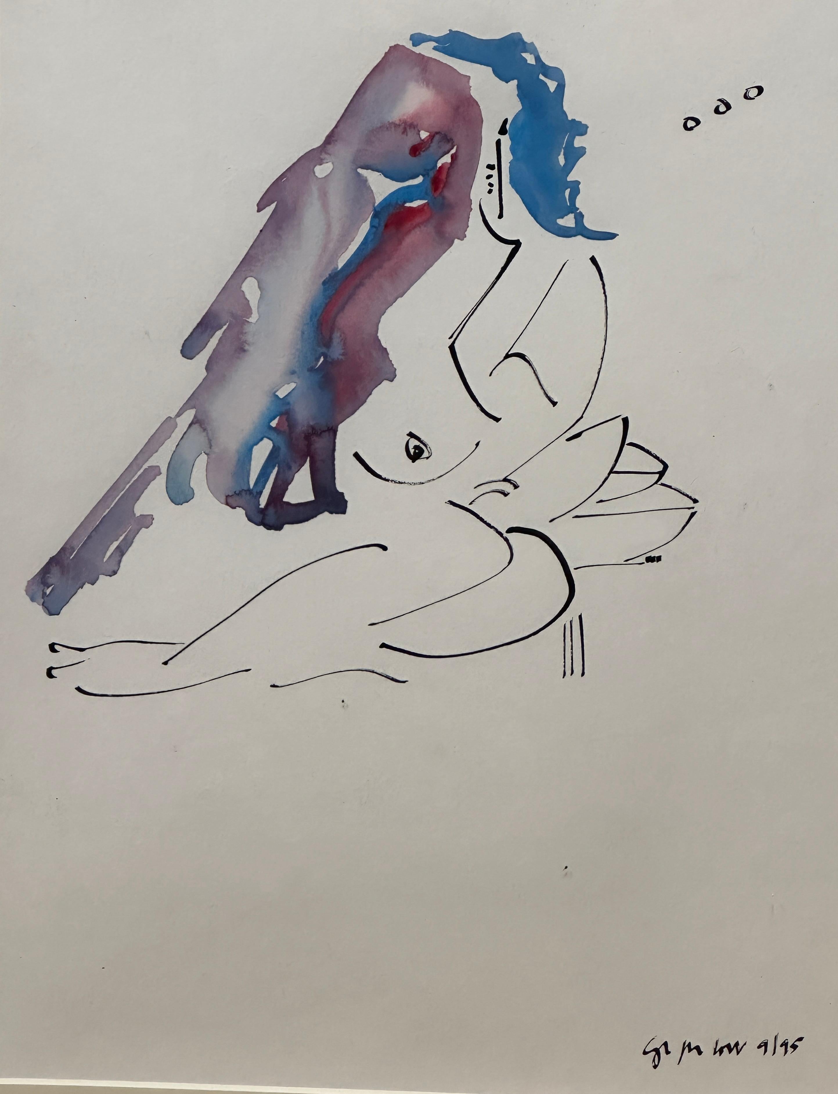  „Blaue Haarfrau und ein Vogel“ Minimalistisches Aquarell #3 von Christopher Paul Cobb im Angebot 2