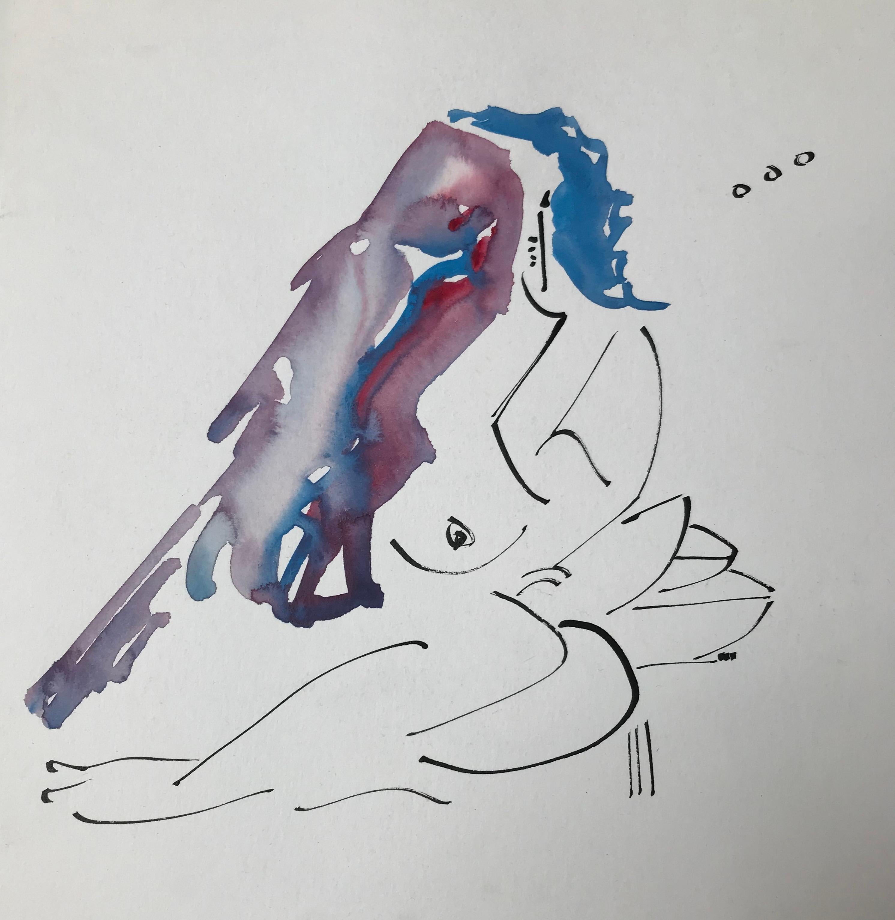  „Blaue Haarfrau und ein Vogel“ Minimalistisches Aquarell #3 von Christopher Paul Cobb im Angebot 4