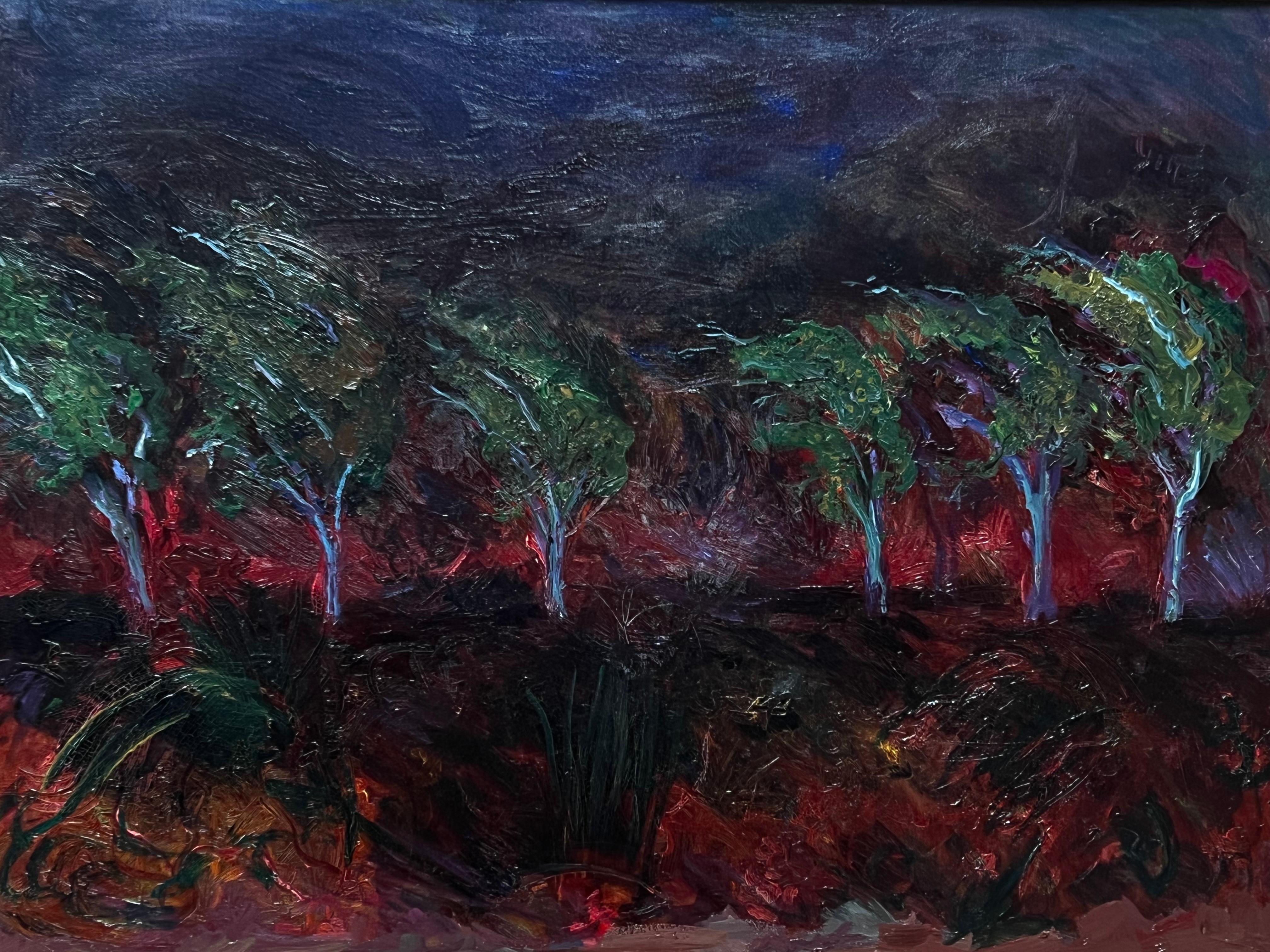 „Bäume in einer brennenden Wildnis“ Expressionistische Landschaft, Ölgemälde von Pat Berger 3