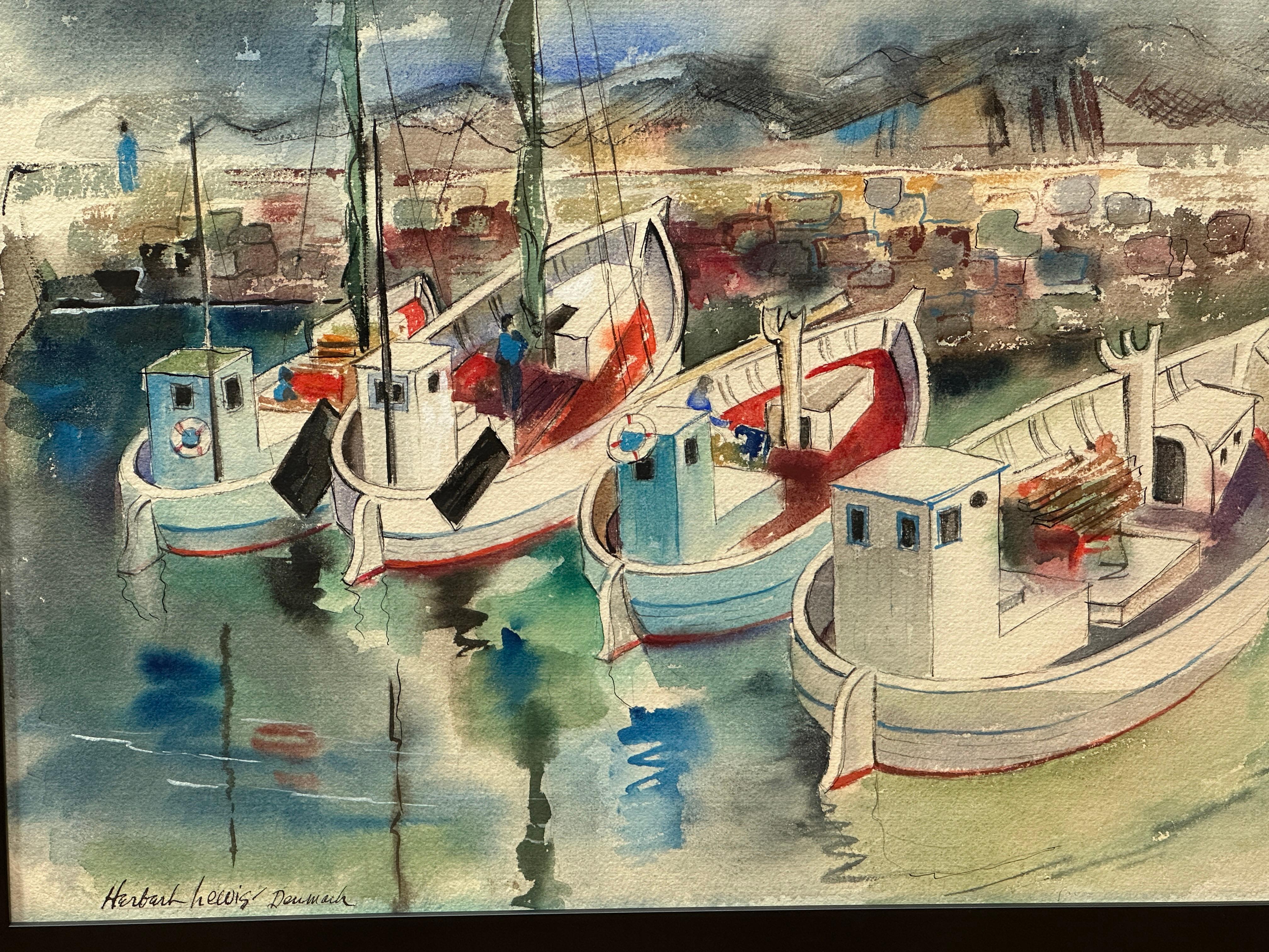 “Denmark” Boats At The Pier Modernist Watercolor by Herbert Lewis For Sale 1