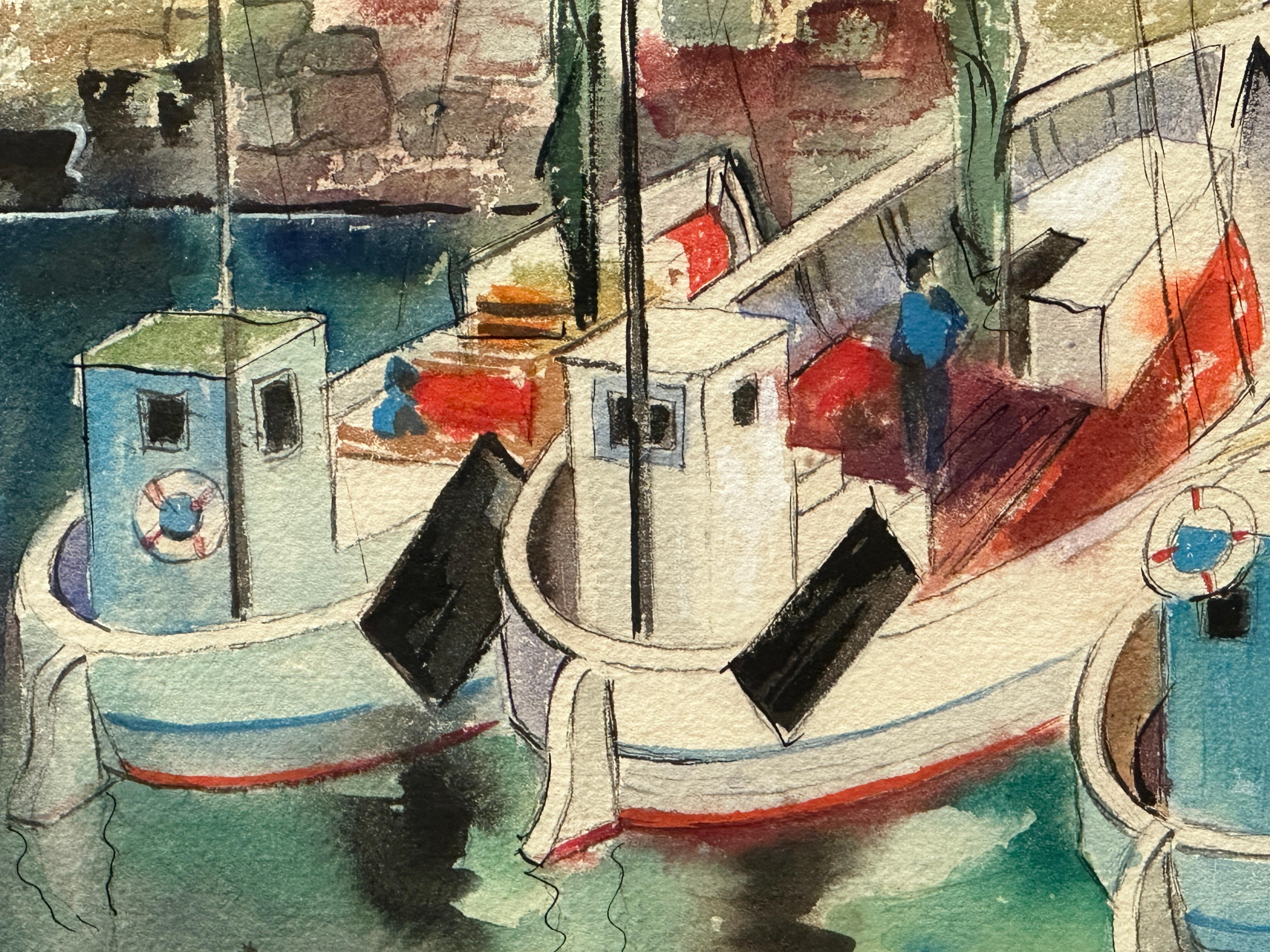 “Denmark” Boats At The Pier Modernist Watercolor by Herbert Lewis For Sale 3