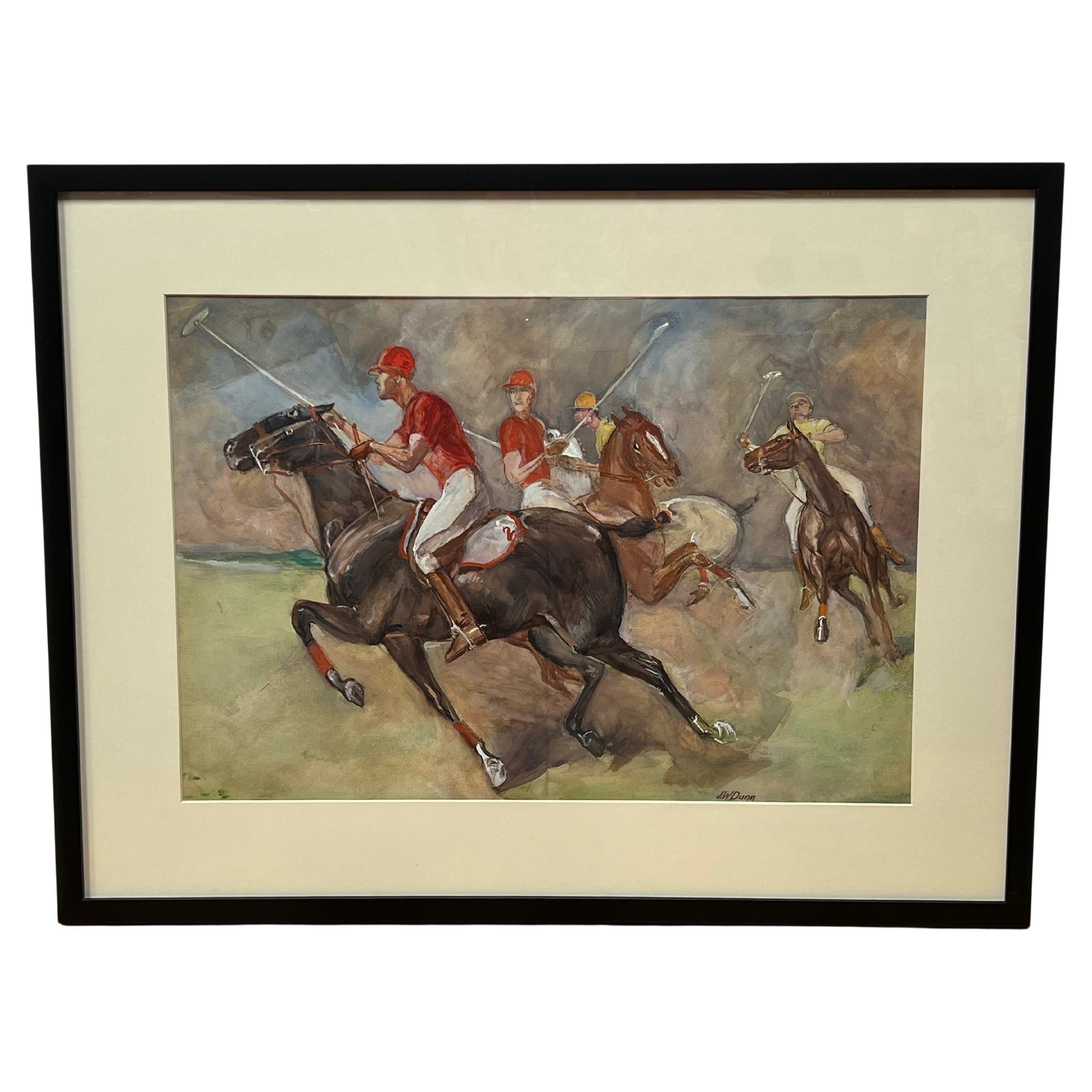 Dieses gerahmte Aquarell  ist unten rechts von dem amerikanischen Künstler J.W. signiert. Dunn.

Es zeigt ein spannendes Polospiel zu Pferde aus den 1930er Jahren mit vier Reitern in traditionellen Polo-Uniformen. Ein Team trägt rote Kleidung, das