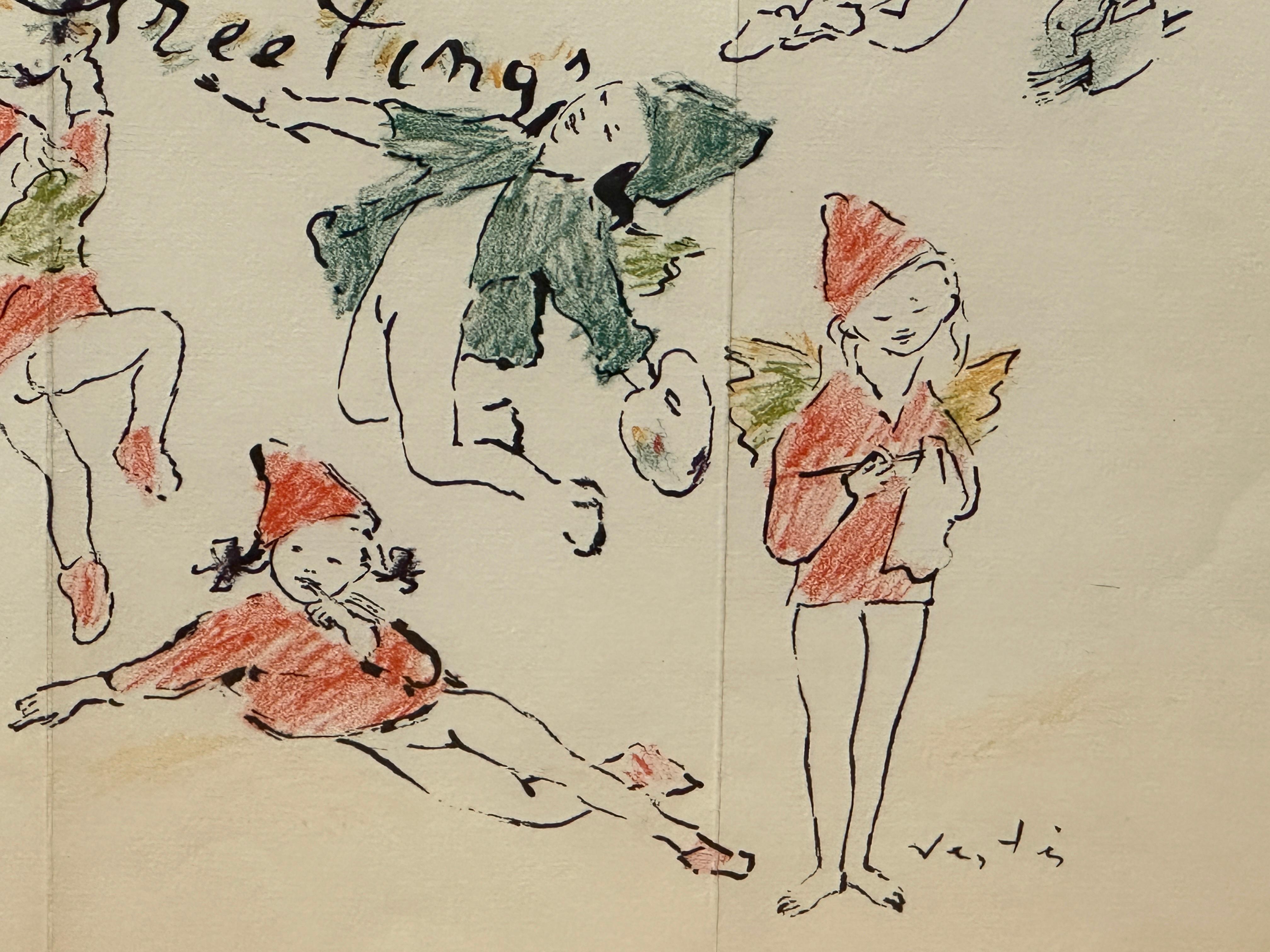 Seasons Greetings #2- Drawing by French Painter Marcel Vertes For Sale 2