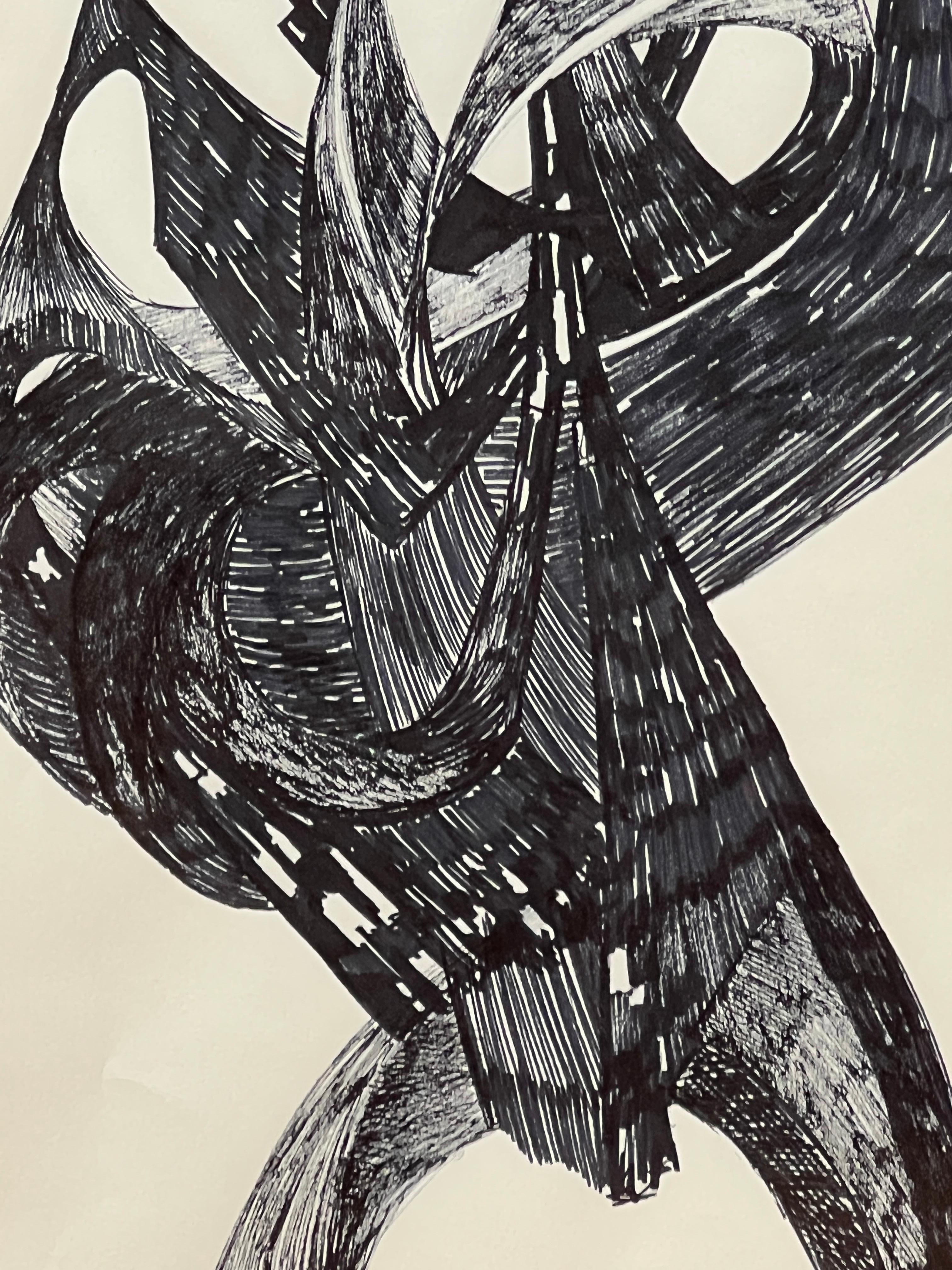Abstrakte schwarz-weiße Zeichnung von Joan Strauss Carl im Angebot 3
