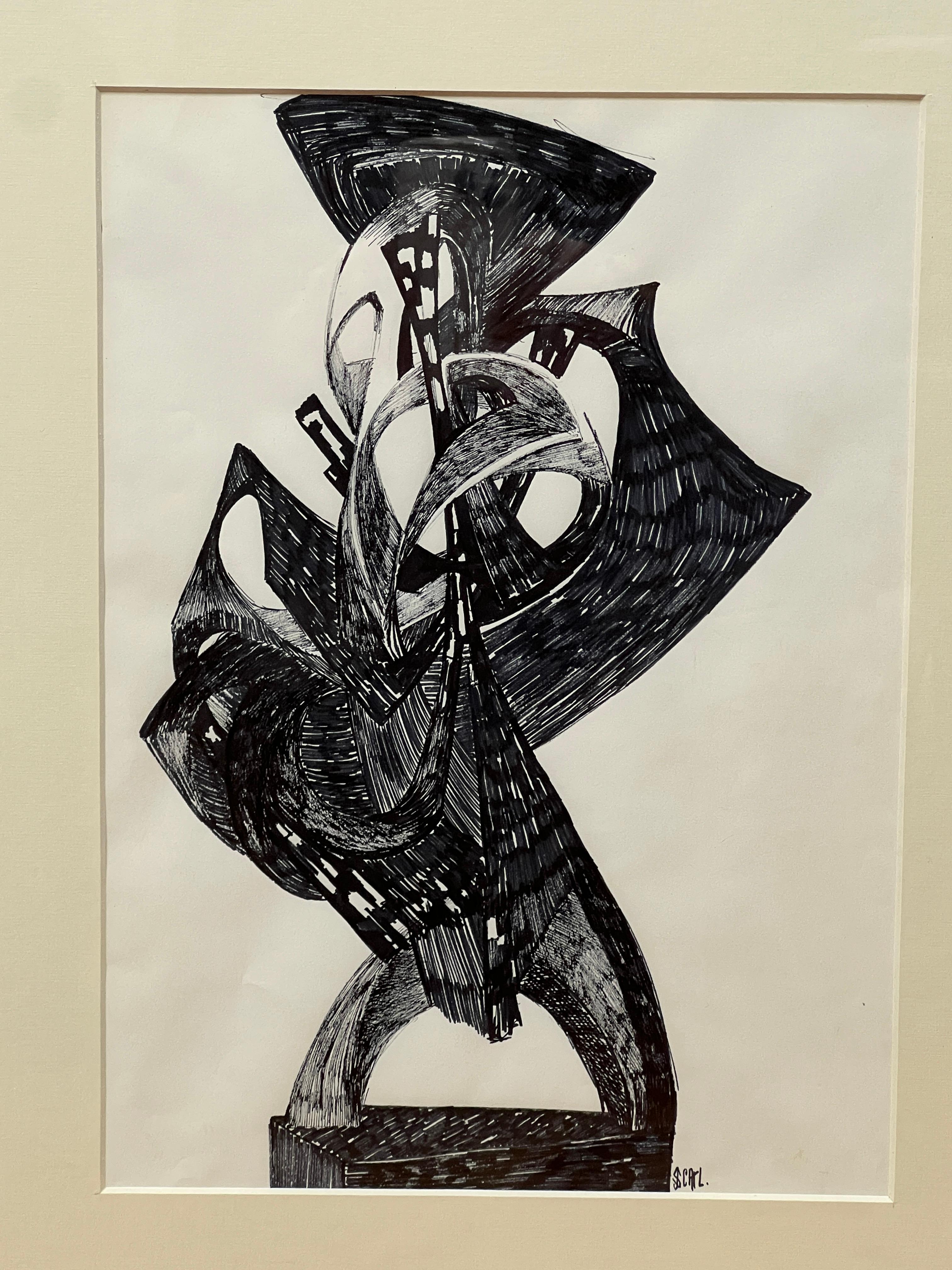 Abstrakte schwarz-weiße Zeichnung von Joan Strauss Carl im Angebot 1