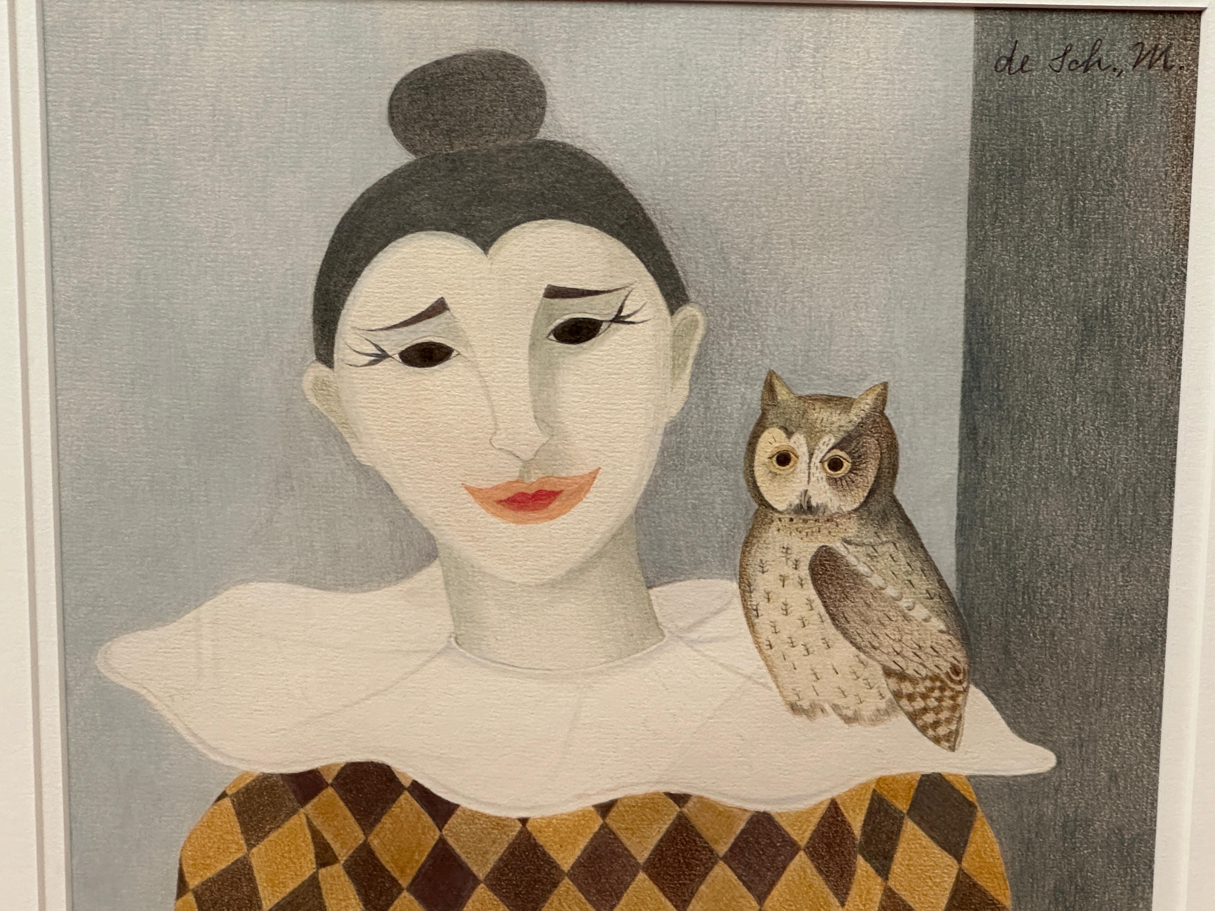 Harlequin Lady and Her Owl - Color Drawing by Amalia Schulthess For Sale 3