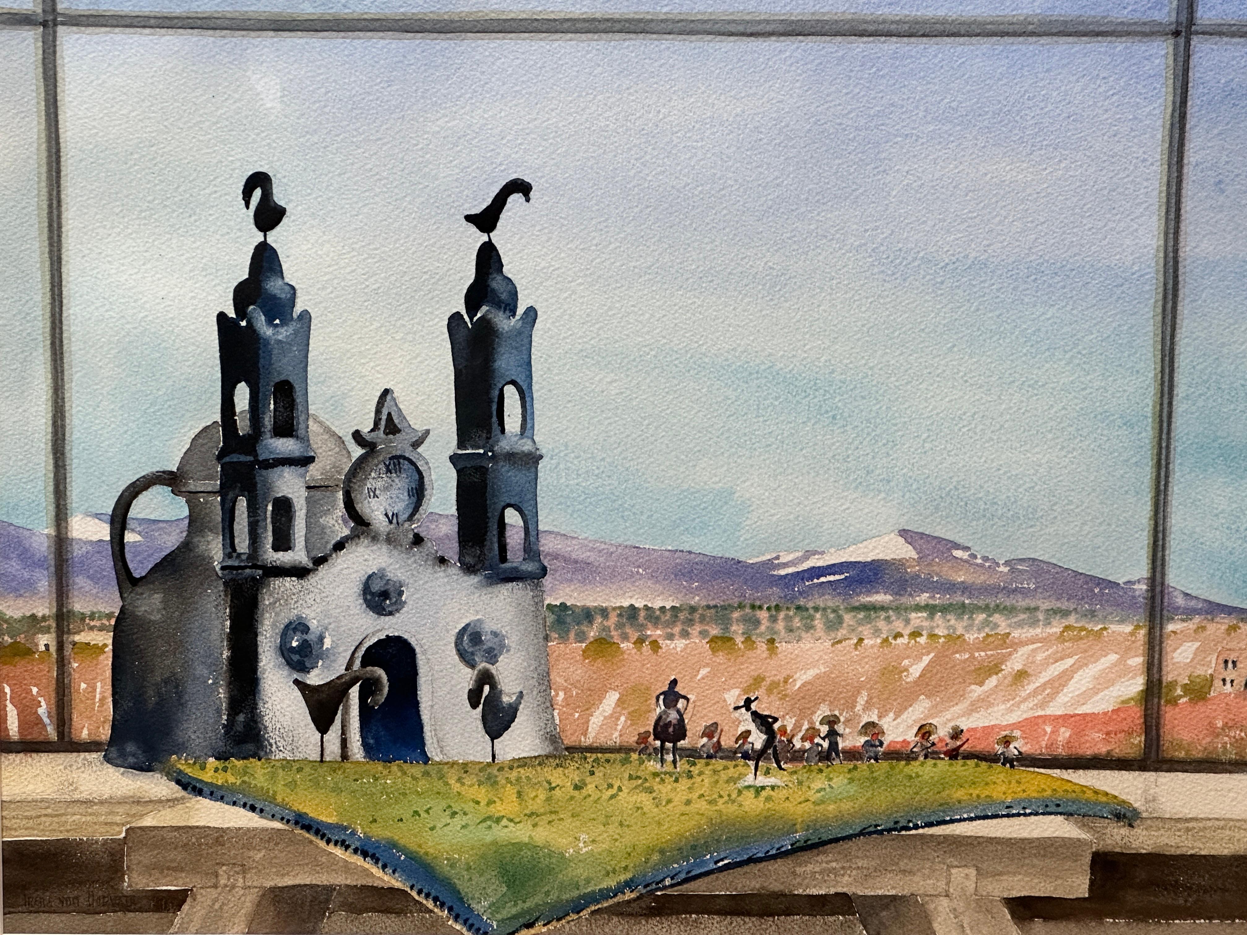 Lots of humor in this watercolor painted by a Mexican artist who unfortunately did not sign it. 
We enter in a fancy world. Be prepared!
Two trinkets featuring, the first one, an imaginary church with 4 big threatening birds standing guard, two on