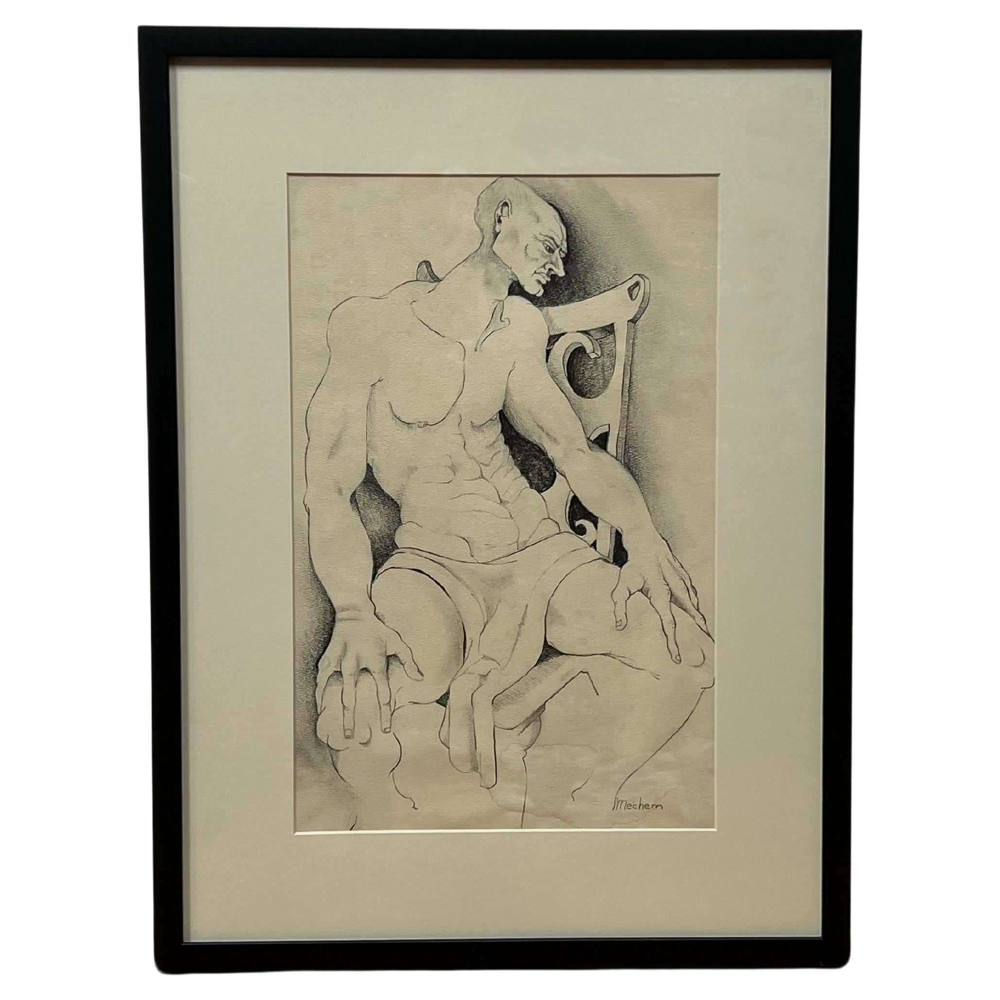 This Mac Mechem's drawing features a seated nude man draped in a small loincloth. Sitting in a wood-crafted chair, his gaze fixed downward as though he were brooding over some bad news. Despite the defeatist posture, his physique radiates a stark