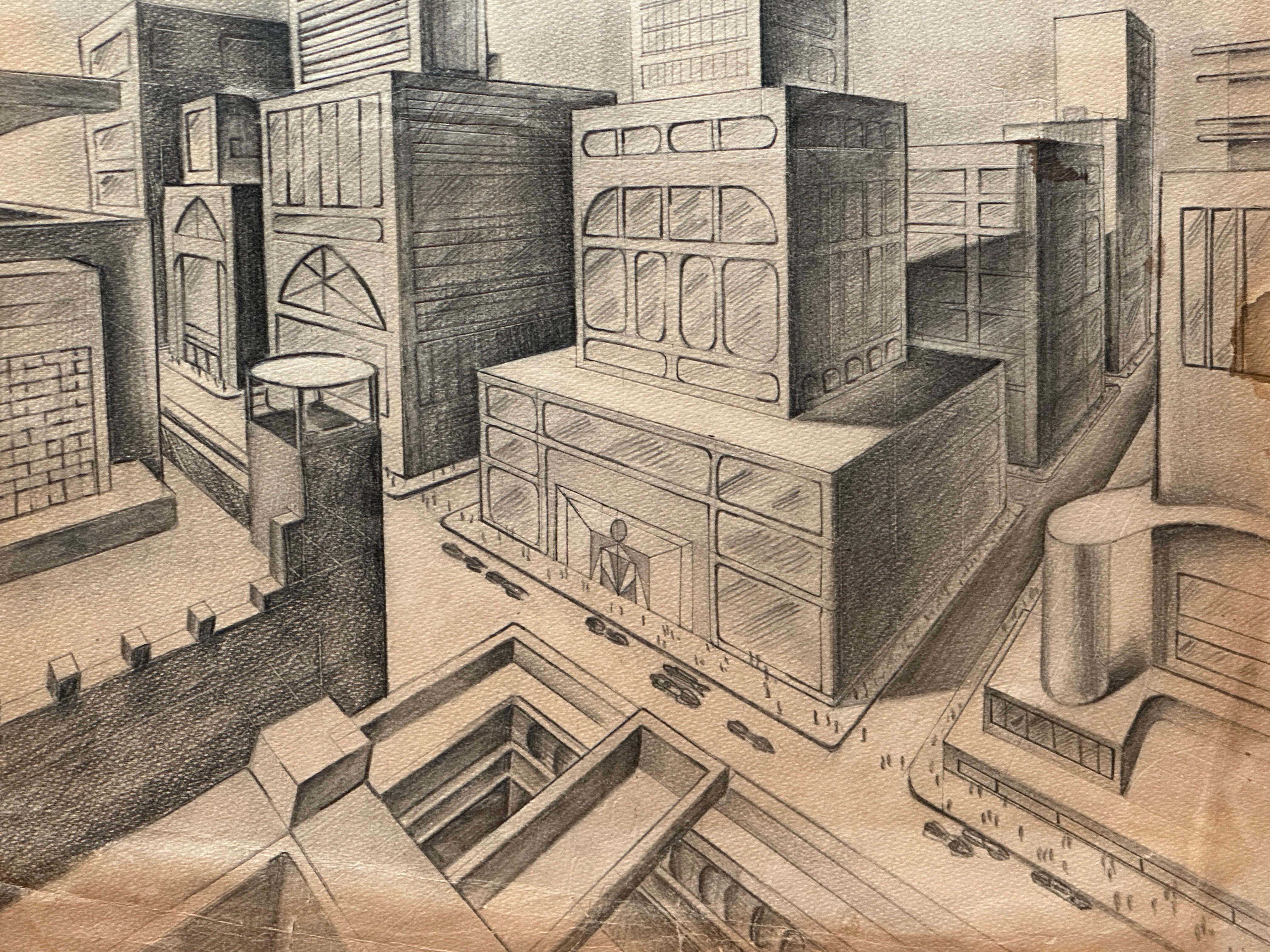 Futuristische Zeichnung von Anne Johnston (Grau), Landscape Art, von Unknown