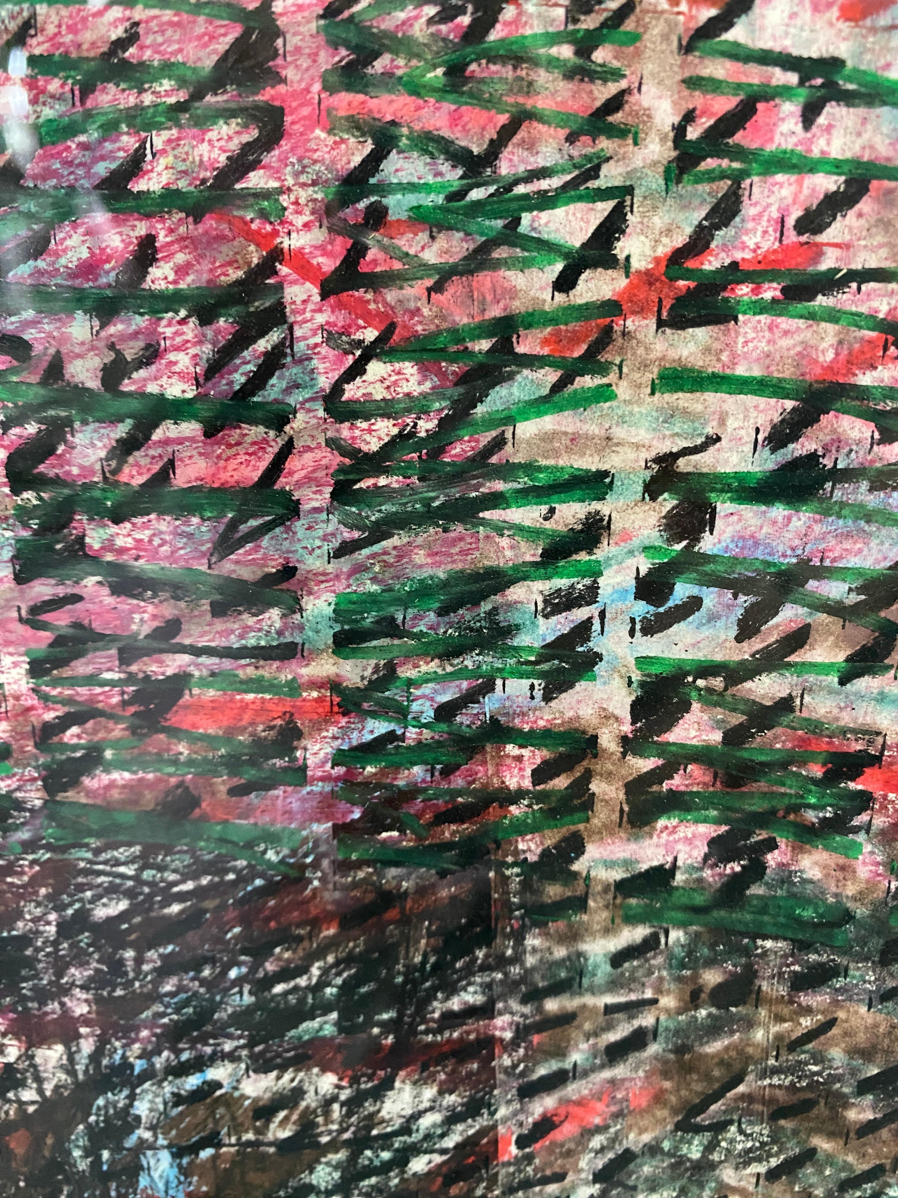 Bei dem hier gezeigten Werk handelt es sich um ein Pastell, das wahrscheinlich mit Bleistift bearbeitet wurde und bei dem das MATERIAL die Oberfläche fast vollständig sättigt. Die Anhäufung von Strichen, die zu einem dichten Raster geschichtet sind,