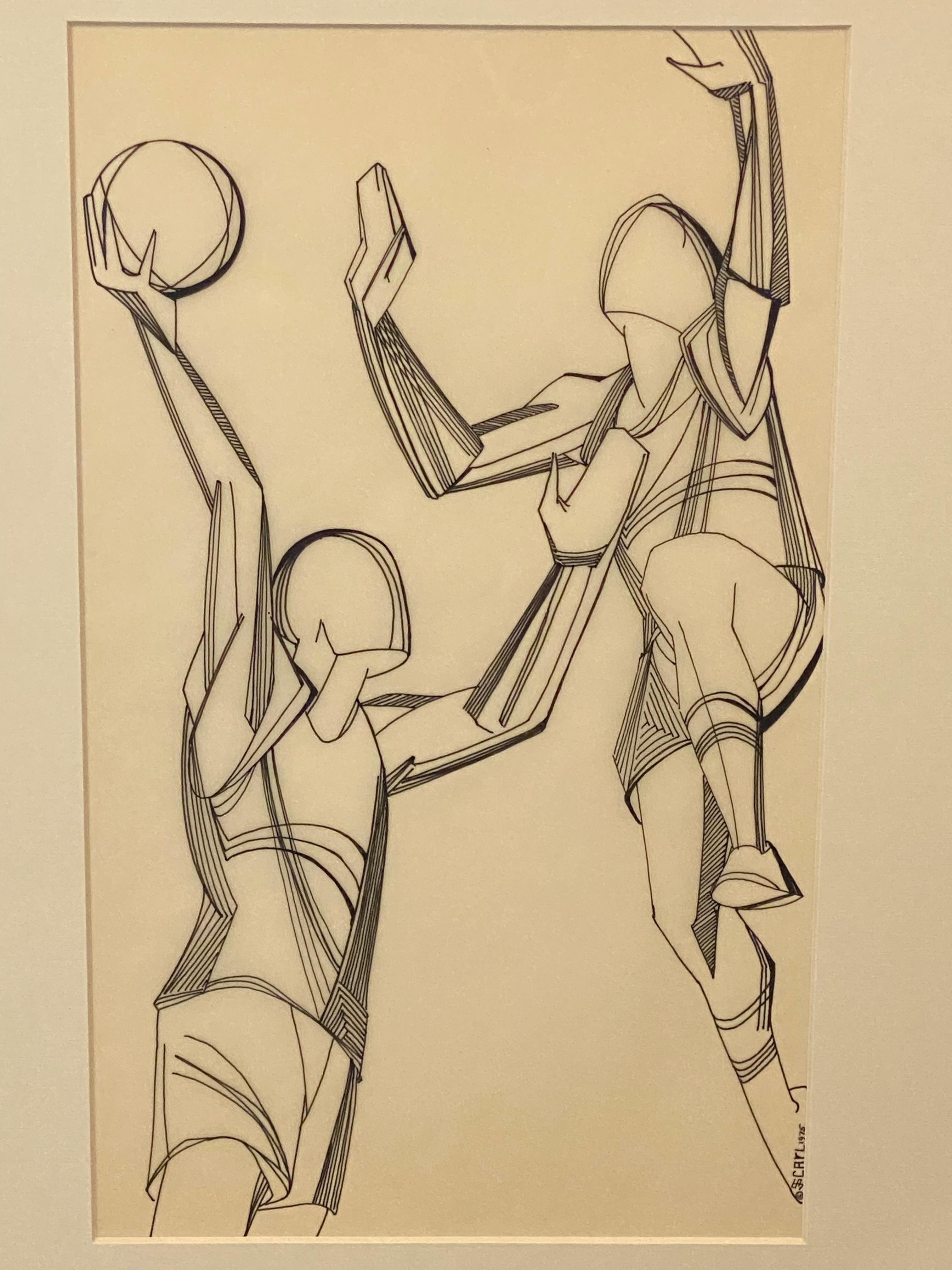 Untitled (Basketball Players) Original Study Drawing #2  by Joan Carl Strauss For Sale 1
