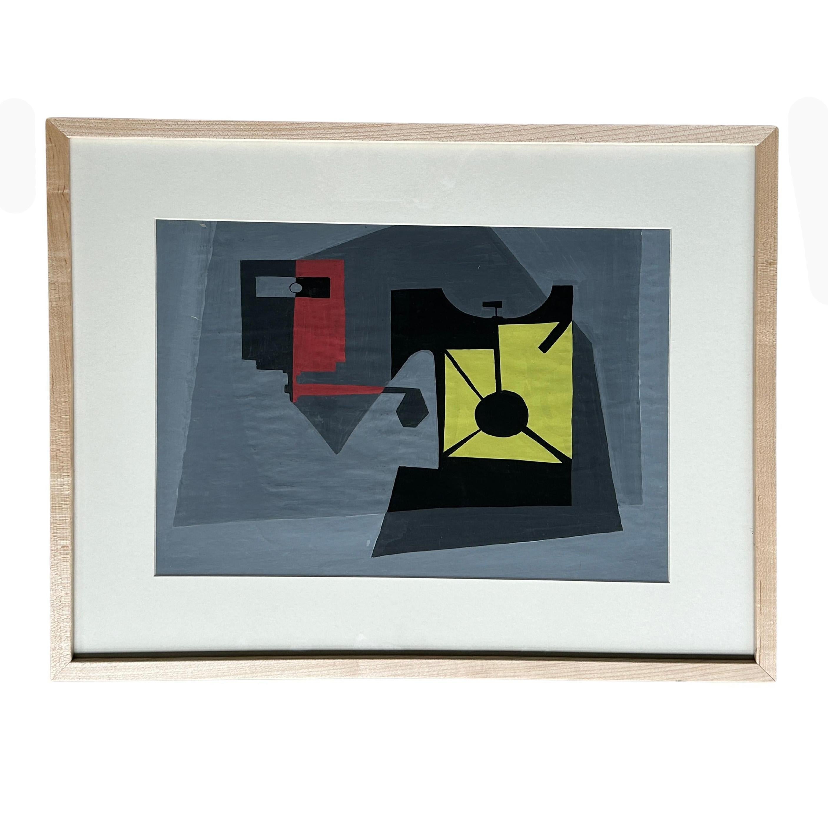 Este abstracto geométrico de David Segel presenta una interacción de forma y color, en una paleta sobria de gris carbón, negro, amarillo ocre y rojo intenso. La composición se construye a partir de planos angulosos superpuestos y formas