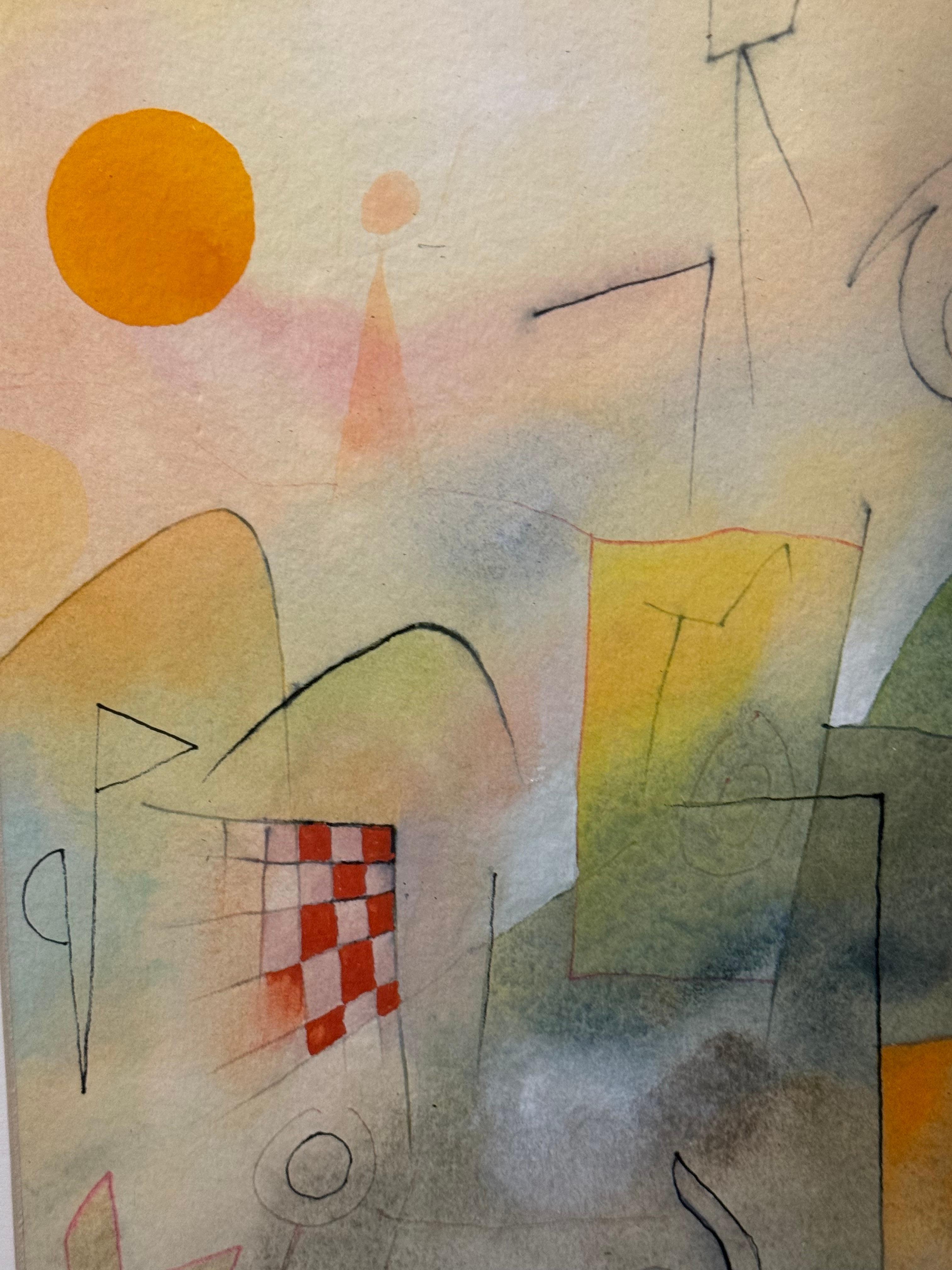 This delicate watercolor combines transparent washes of yellow, orange, and green with a network of delicate, linear drawings. A radiant orange sun dominates the upper left, casting its glow across an atmospheric background that shifts between warm