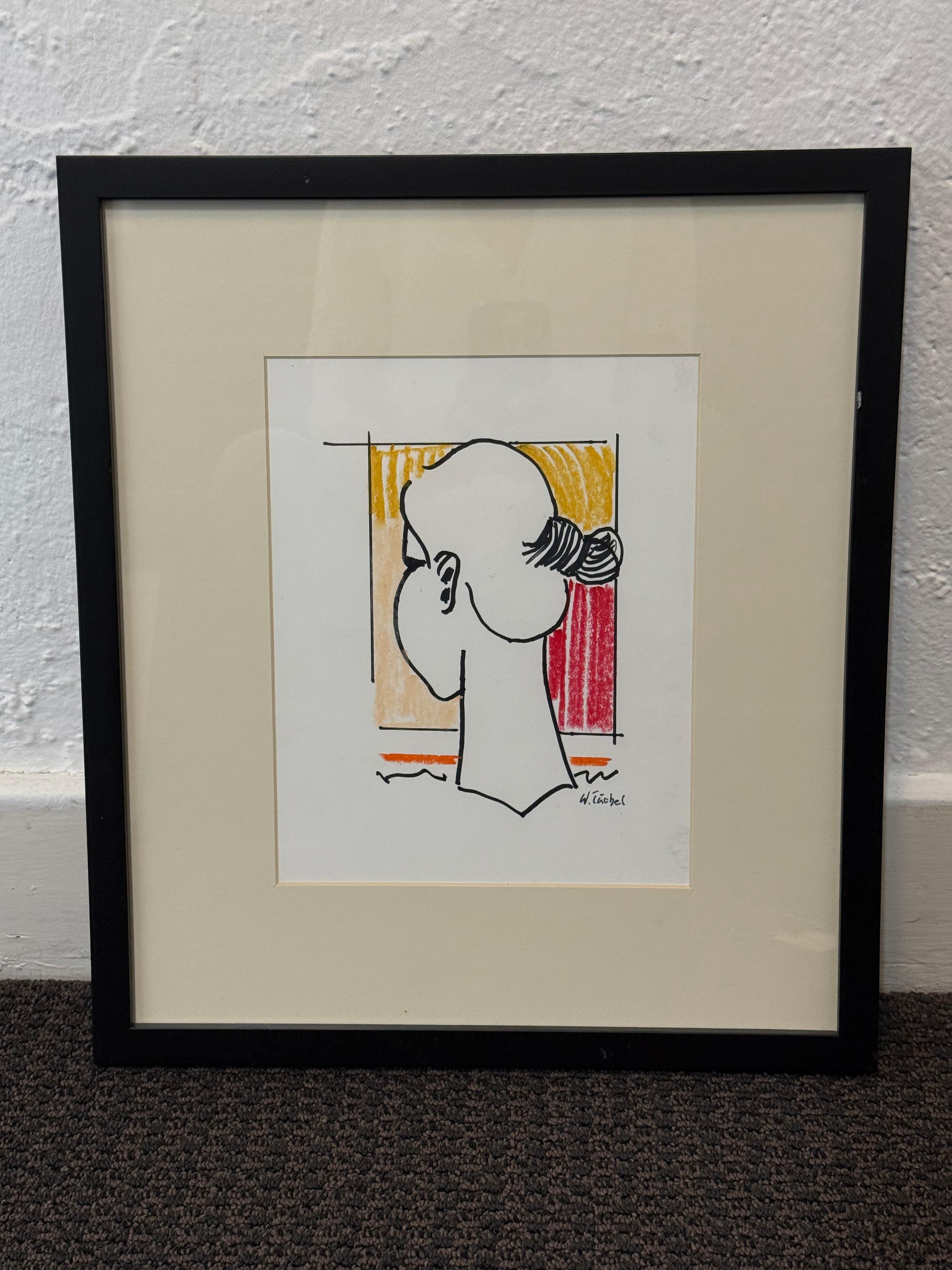 Ritratto a pastello e inchiostro di una donna che guarda lontano W. Tishel - Art di Unknown