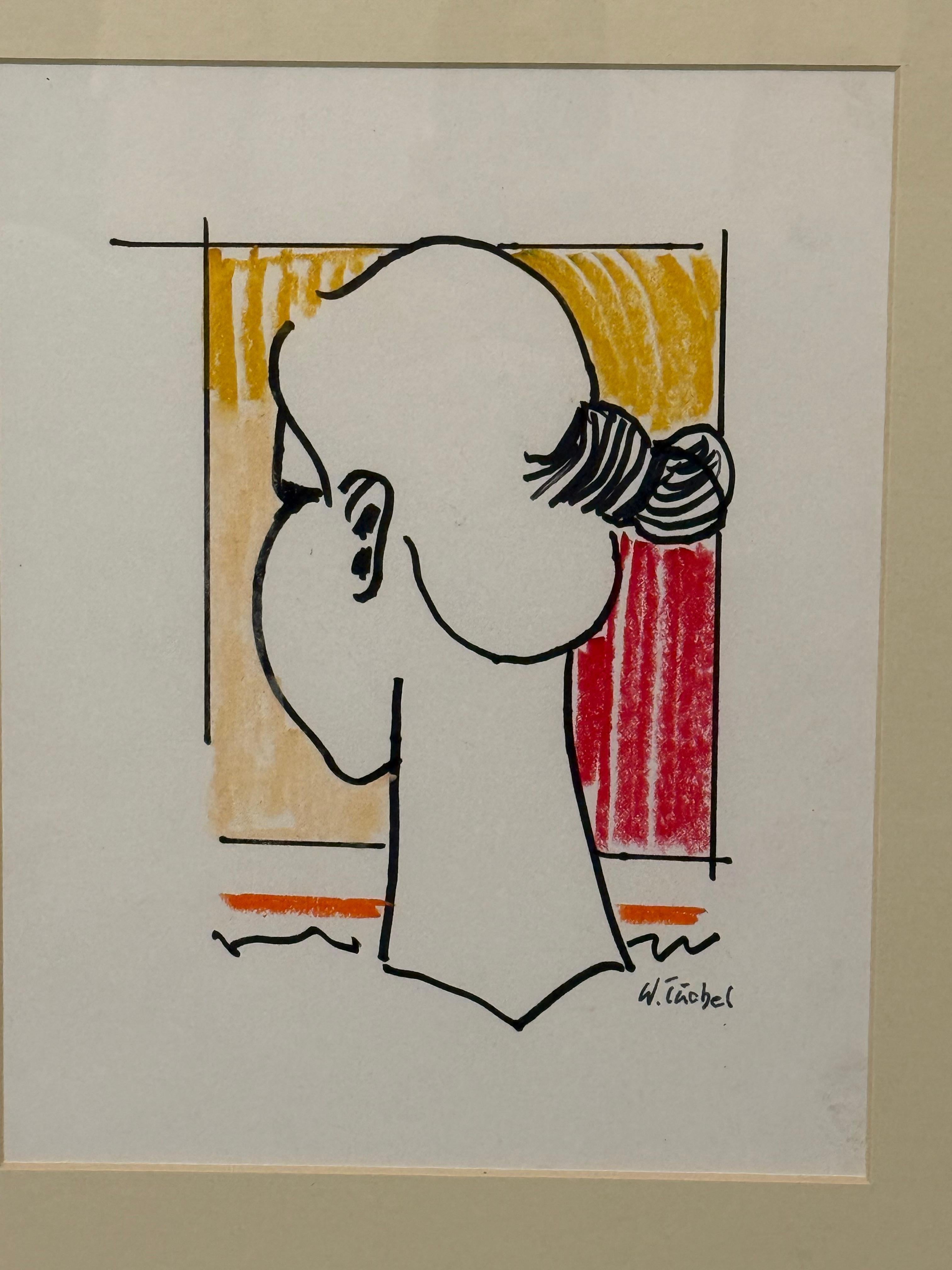 Ritratto a pastello e inchiostro di una donna che guarda lontano W. Tishel - Art Moderno di Unknown