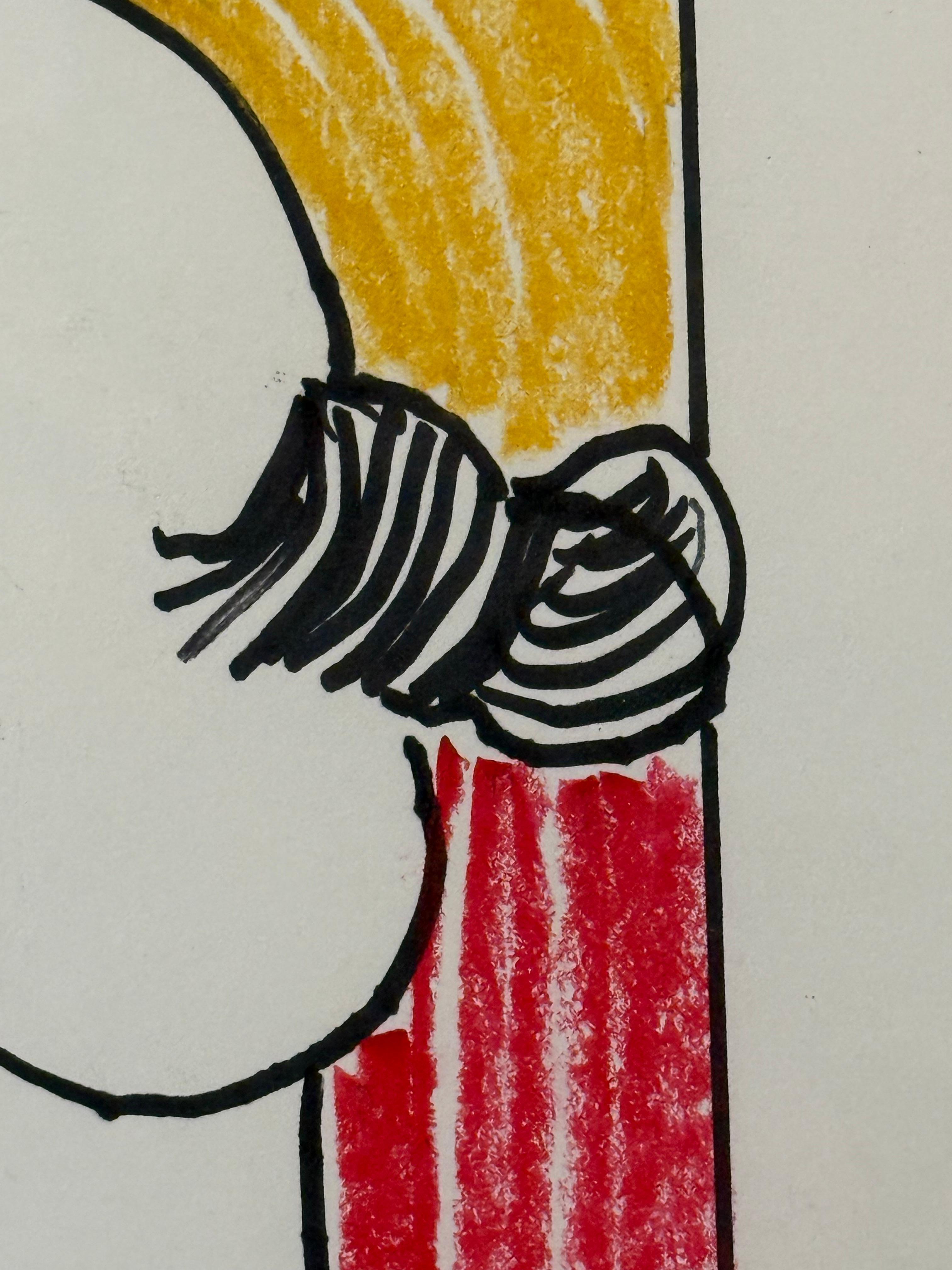 Questo ritratto minimalista di H. Tishel distilla la forma umana in poche linee aggraziate e sicure. Una figura femminile è ritratta di profilo, la sua silhouette stilizzata è delineata in nero su un morbido sfondo geometrico dai toni pastello ocra,