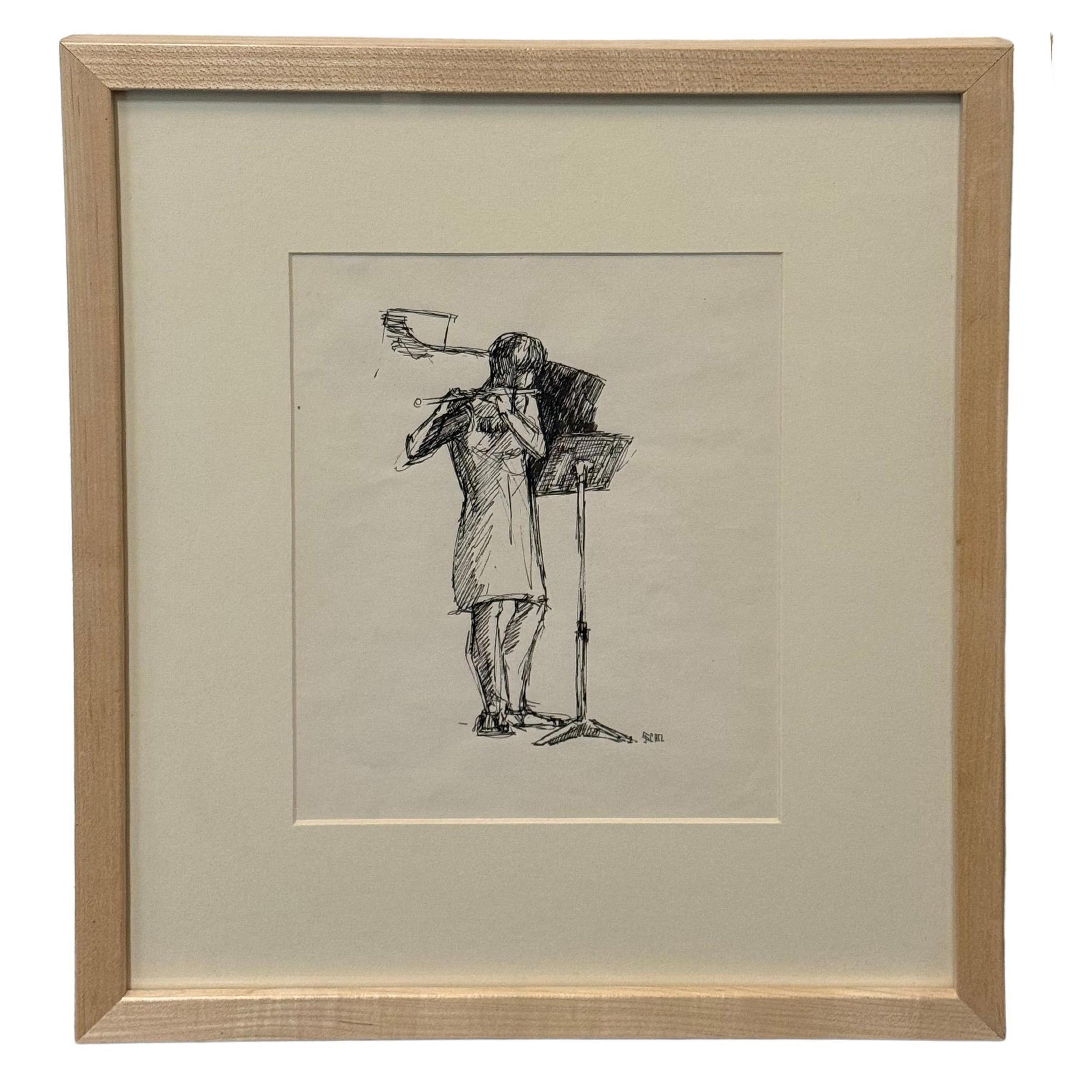 "Flutist", Drawing by Joan Carl Strauss