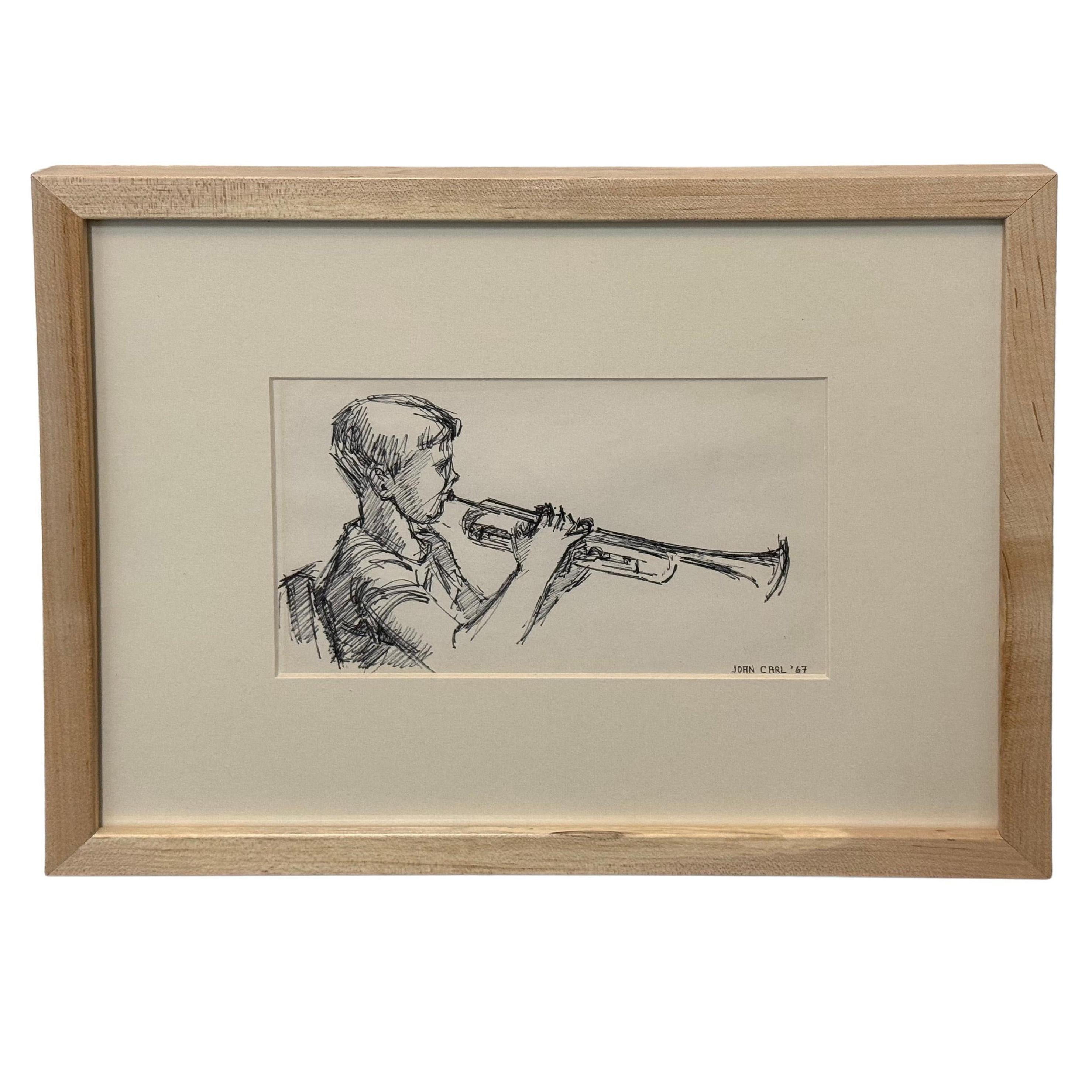 Trumpet Player, Ink Drawing by Joan Carl Strauss