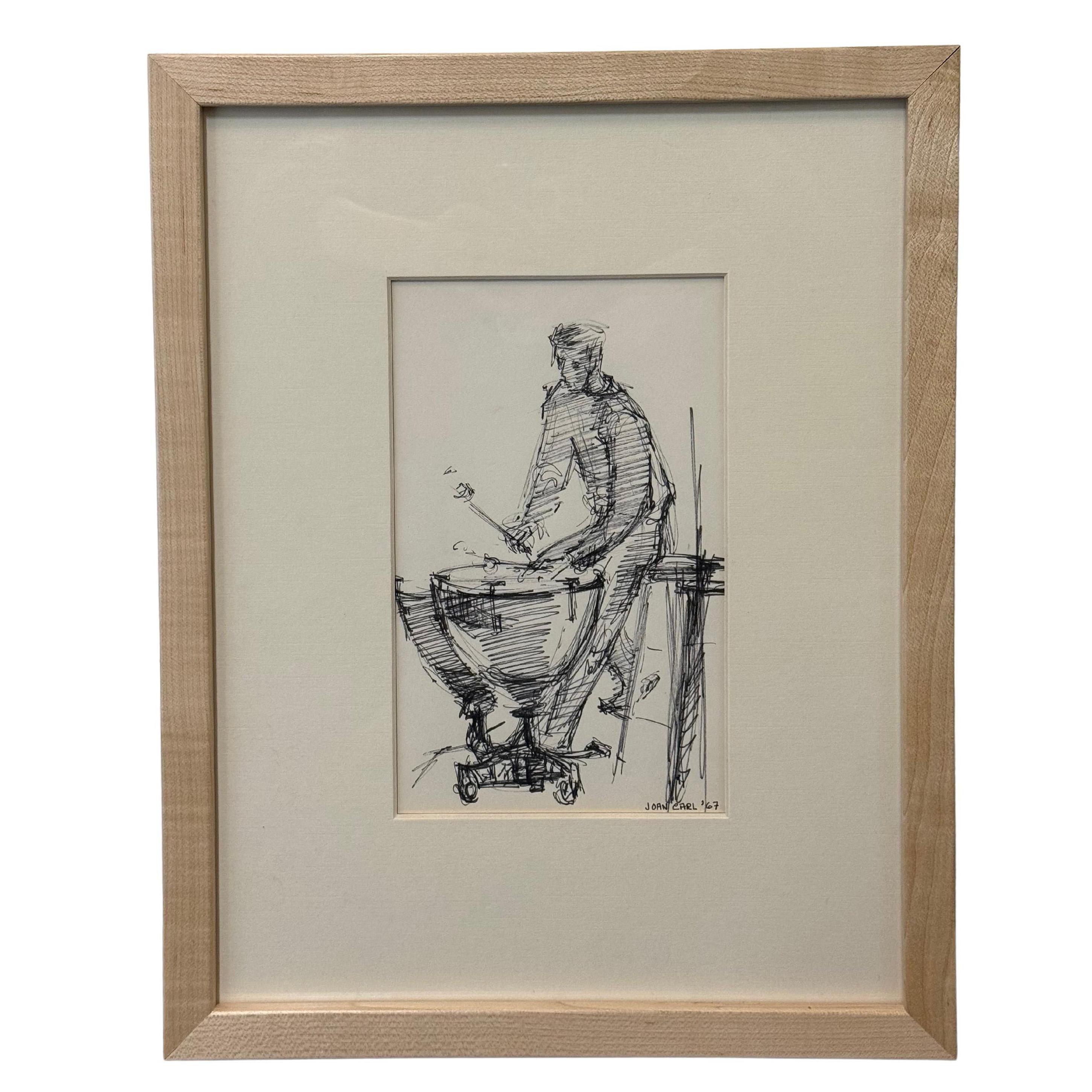 Timpanist, Ink Drawing by Joan Carl Strauss