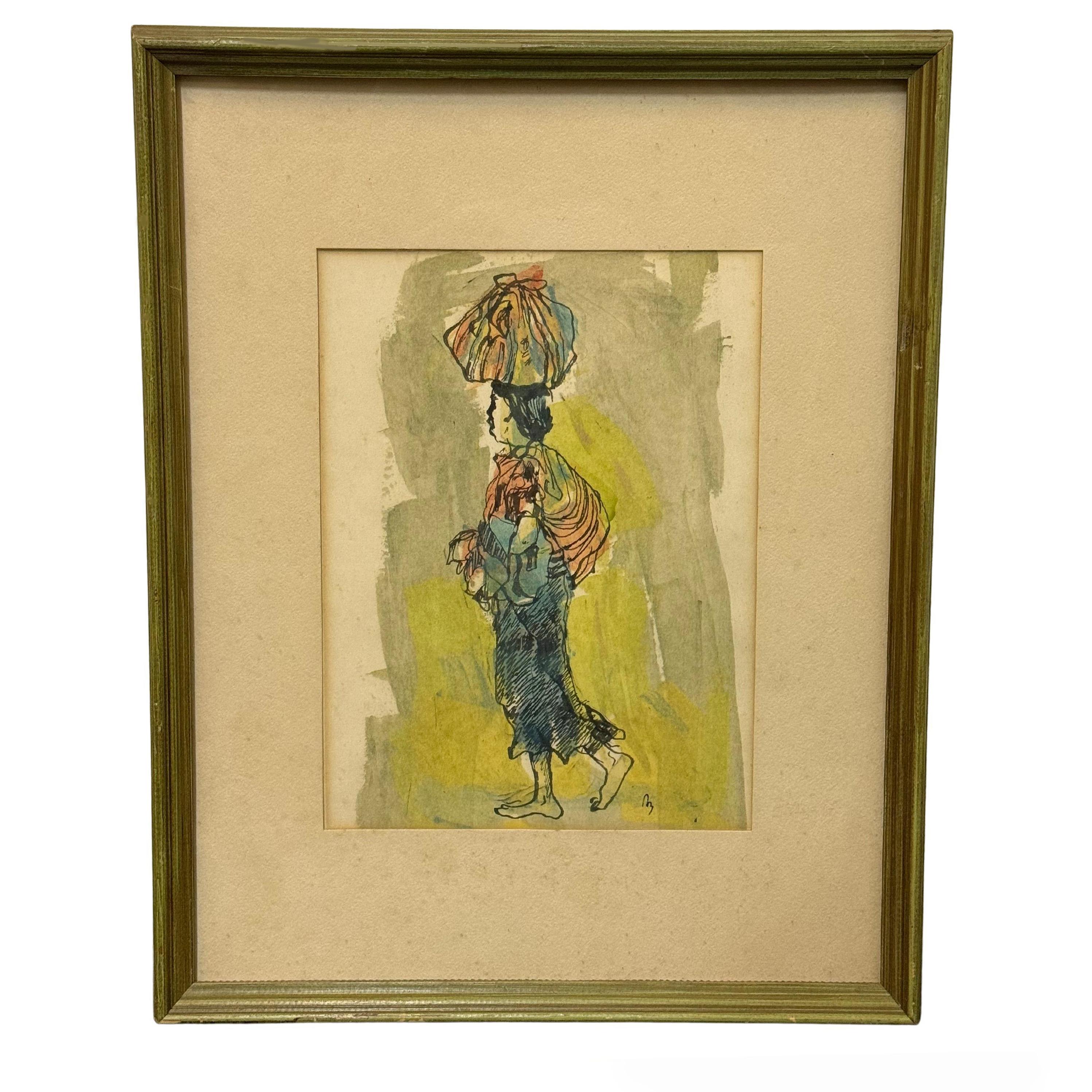 "Draped Nude" Women with Basket Expressionnist Watercolor by Ron Blumberg