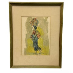 "Draped Nude" Women with Basket Expressionnist Watercolor by Ron Blumberg