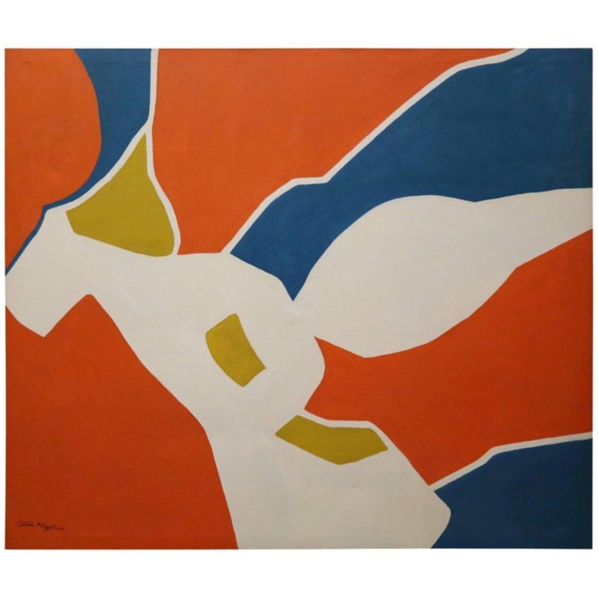 Large-scale hard edge painting in bright blue, orange and white with chartreuse signed Antonia Davis. The work calls to mind the paper cut-outs created by artist Henri Matisse during his later period.