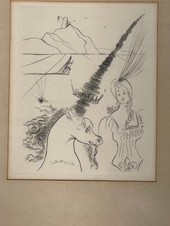 "The Lady and the Unicorn" Etching by Salvador Dali in Gold Frame
