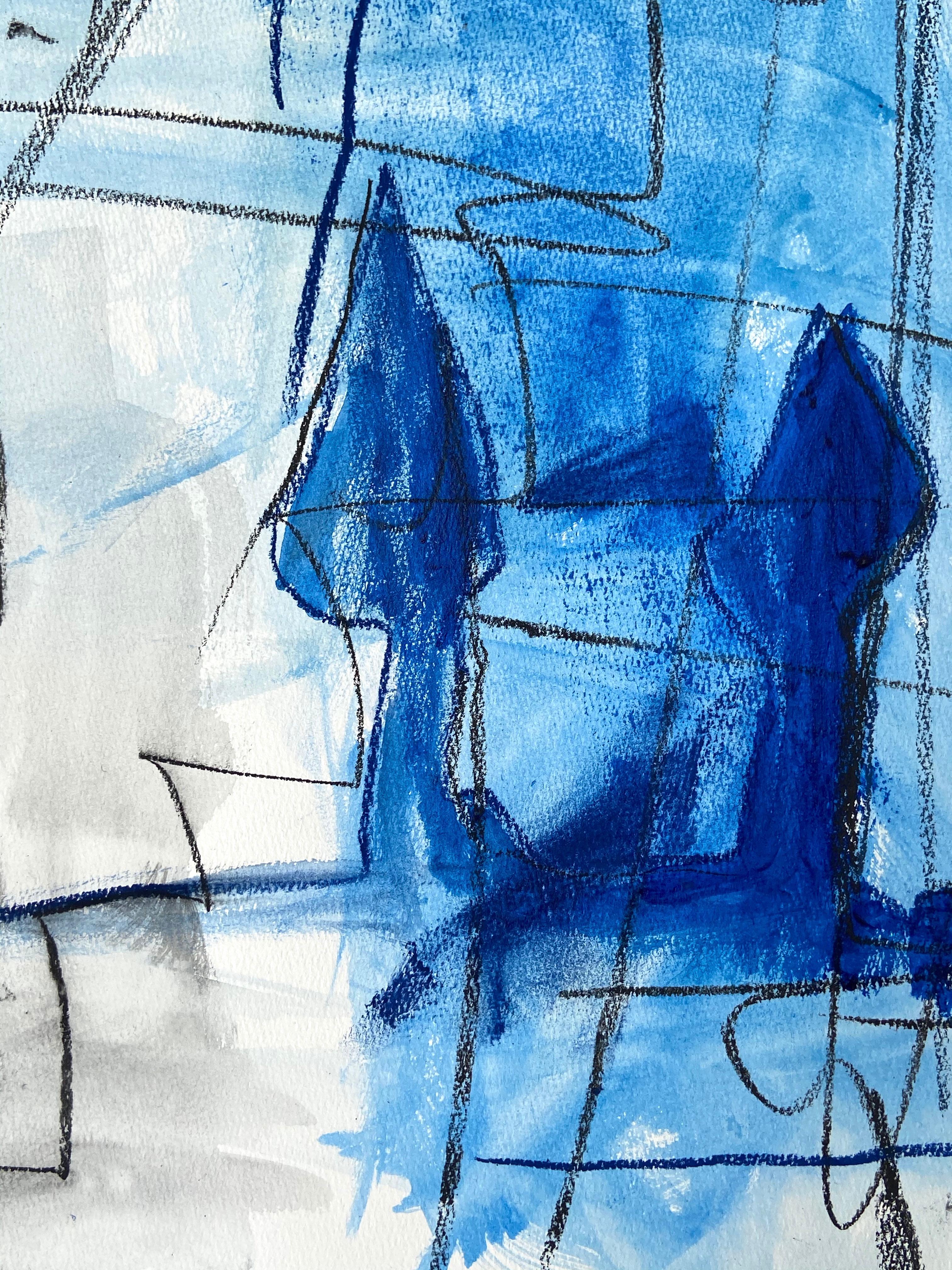 Blue trees (Abstract painting) - Gray Abstract Drawing by Adrienn Krahl