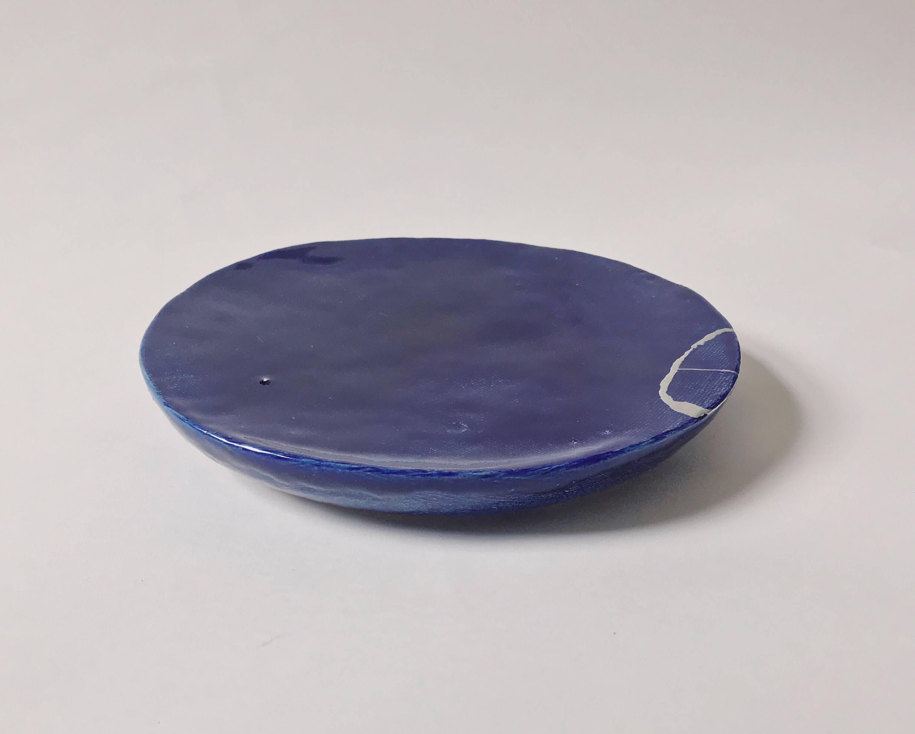 Deep blue ceramic plate with kitsugi - Art by Unknown