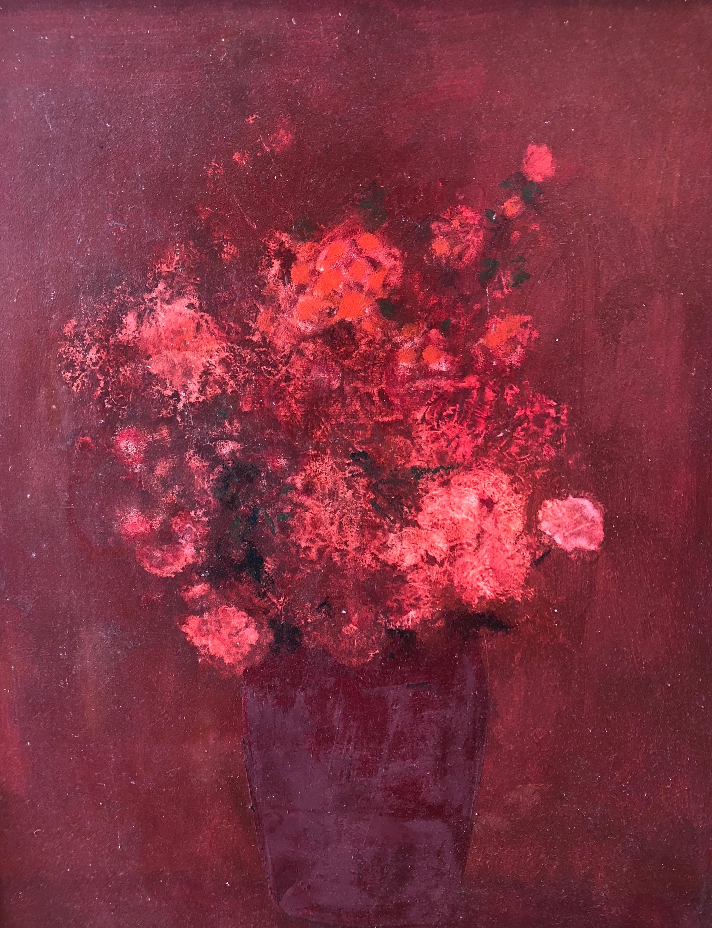 Splendido olio su pannello di Harold Cohn. Bellissimi rossi - la foto non rende giustizia al dipinto. La texture dei fiori è straordinaria. L'opera è incorniciata in una cornice in legno dorato e misura  30 di altezza x 26 di larghezza. Non