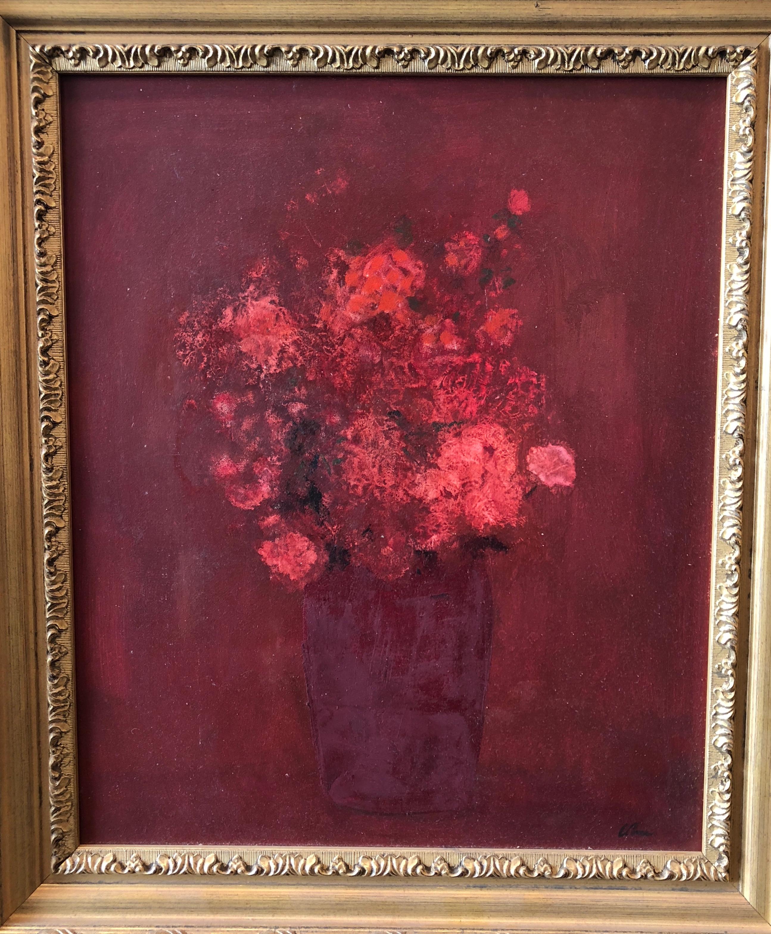 Carnations & Rose Buds - Abstract Impressionist Painting by Harold Cohn 