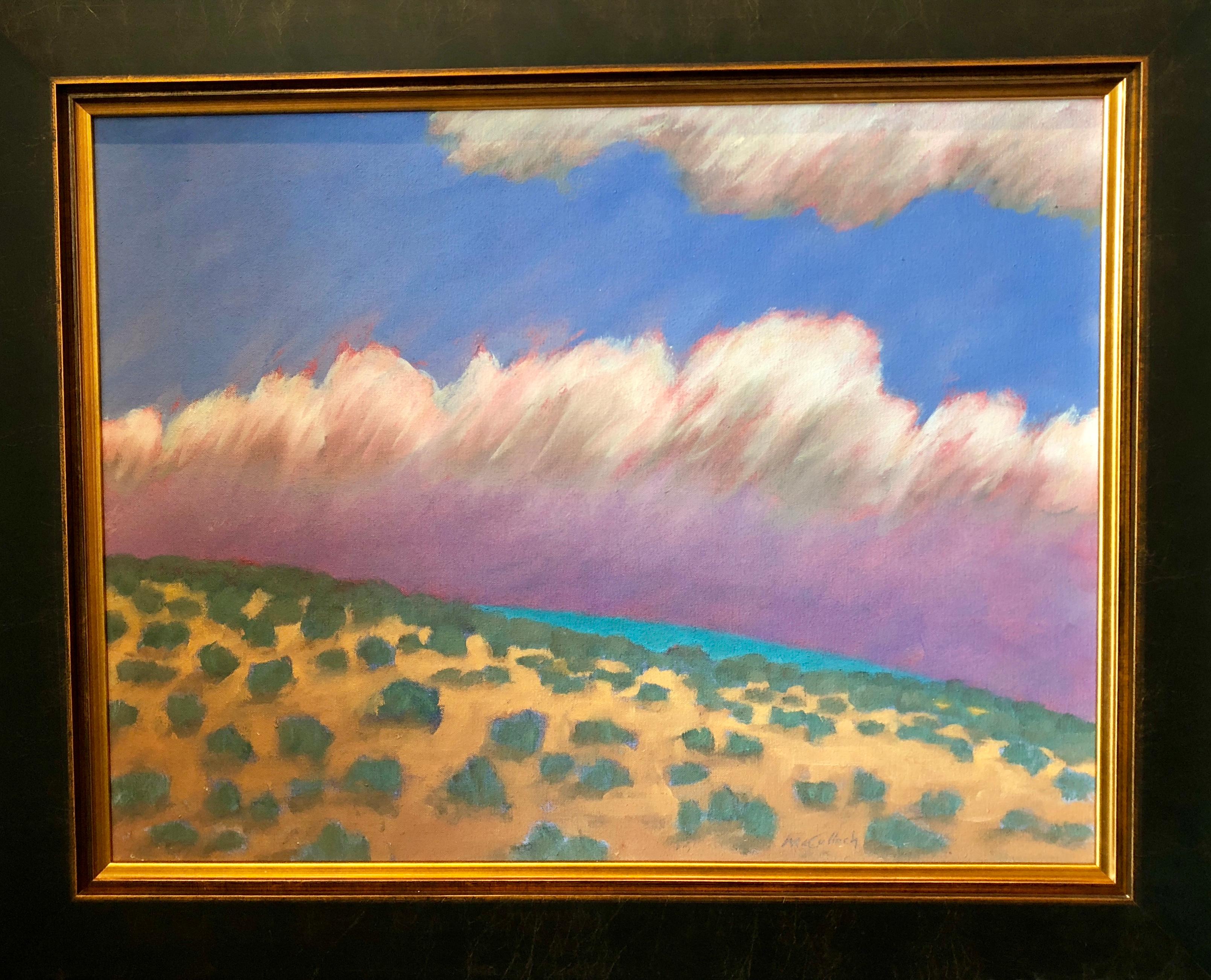 Gorgeous landscape by Frank E. McCullough. A perfect example of his beautiful work. The piece is framed in a handsome black rubbed wood frame line with gold. Framed measurements are  24 high by 29.5, unframed  18 high by 24 wide. The piece is signed