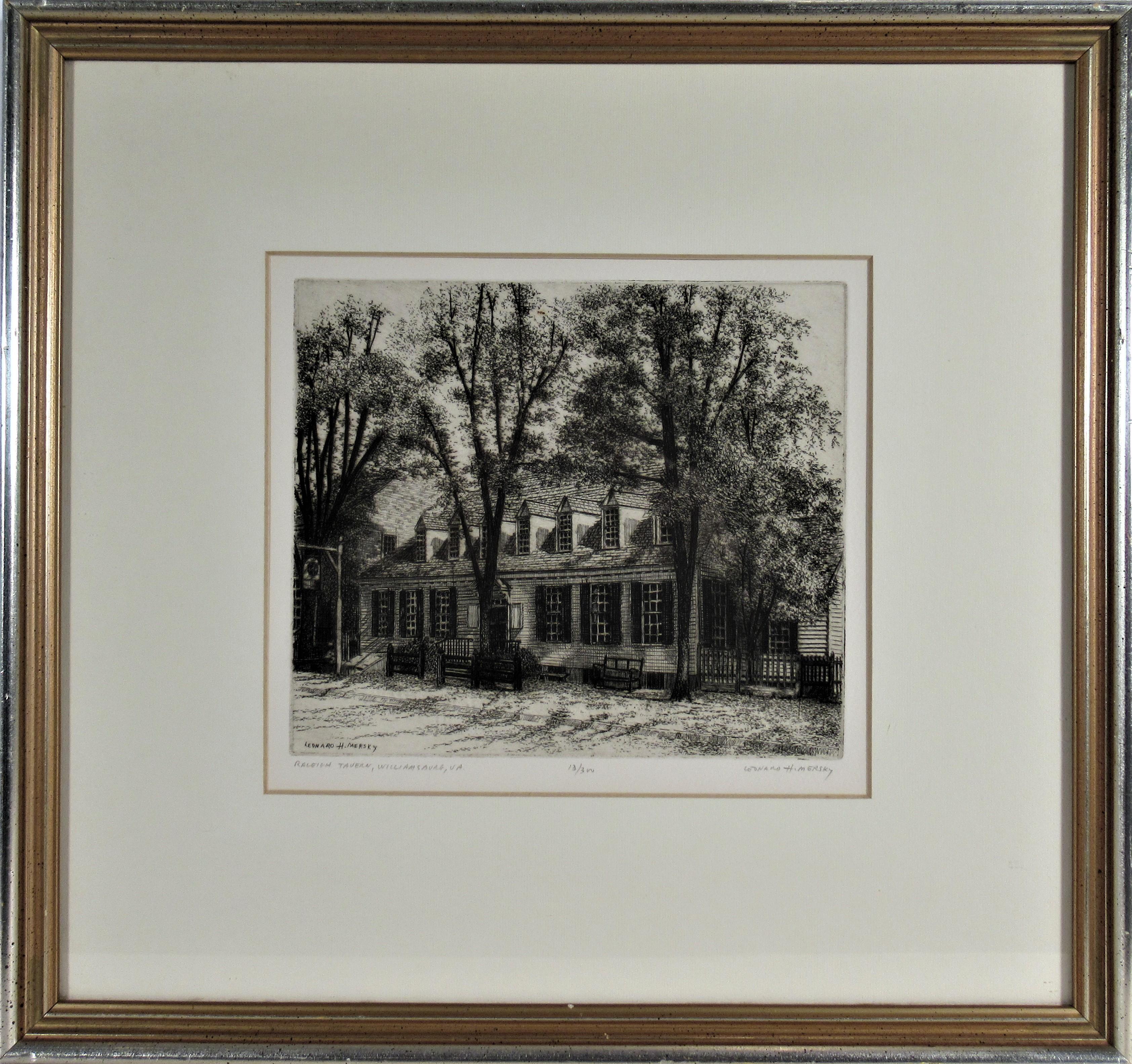 Leonard H. Mersky Figurative Print – Raleigh Tavern, Williamsburg, VA
