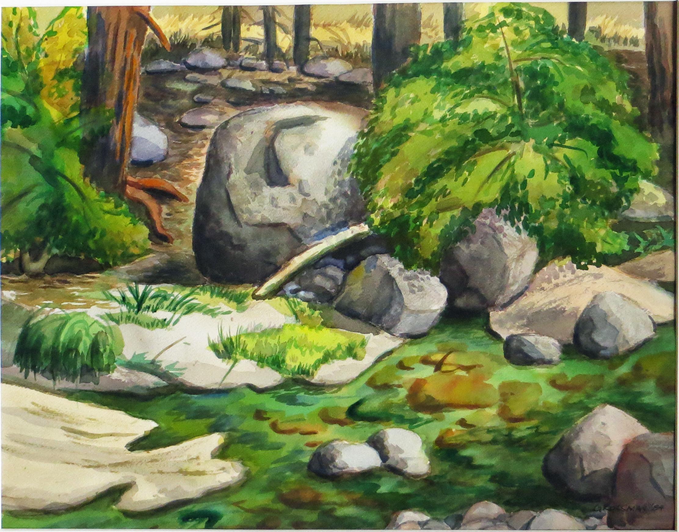 Arnold A. Grossman Landscape Art - Arnold Grossman Watercolor of Wawona River, Yosemite National Park
