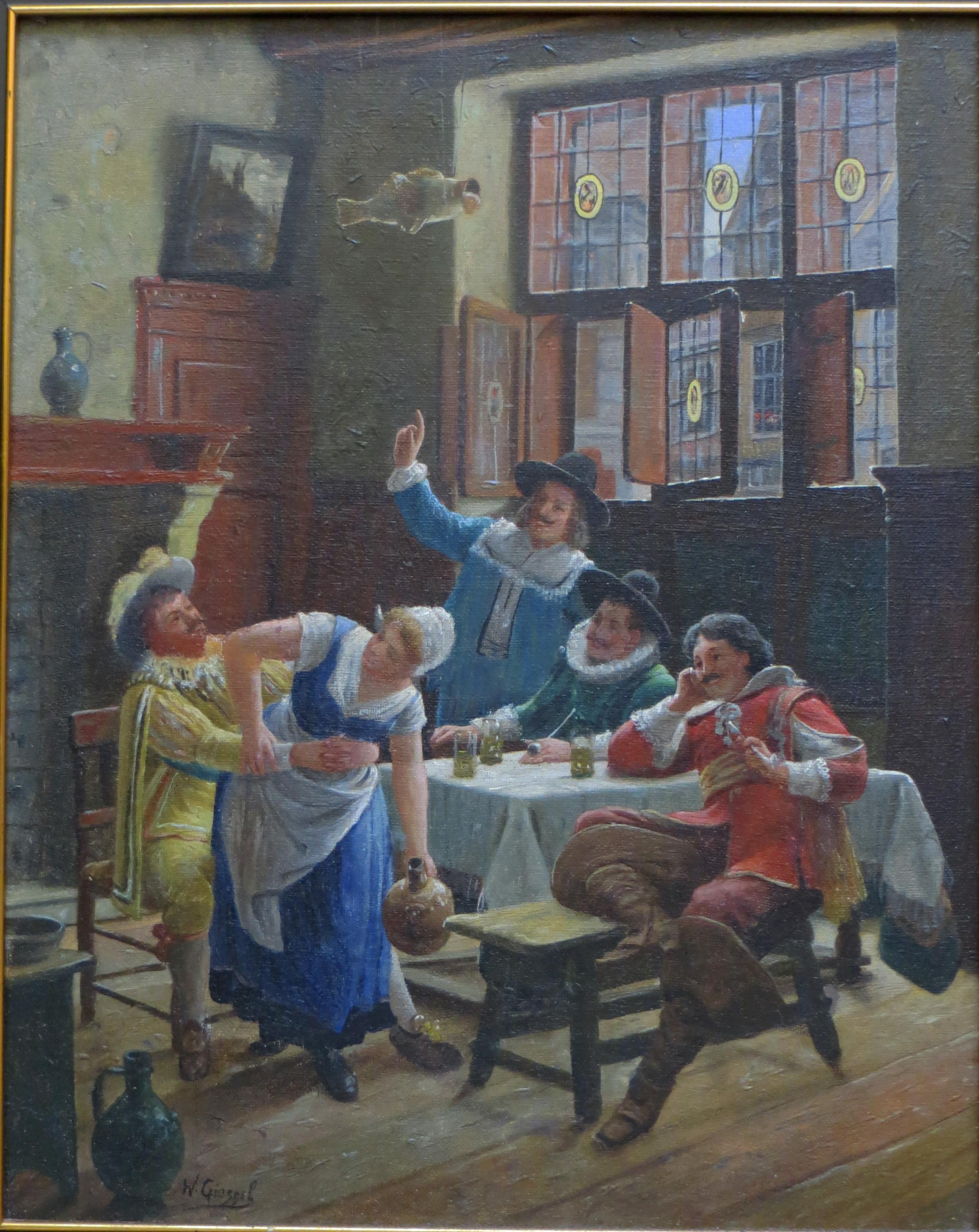 Wilhelm Giessel Interior Painting - Vintage Austrian Tavern Scene  - 