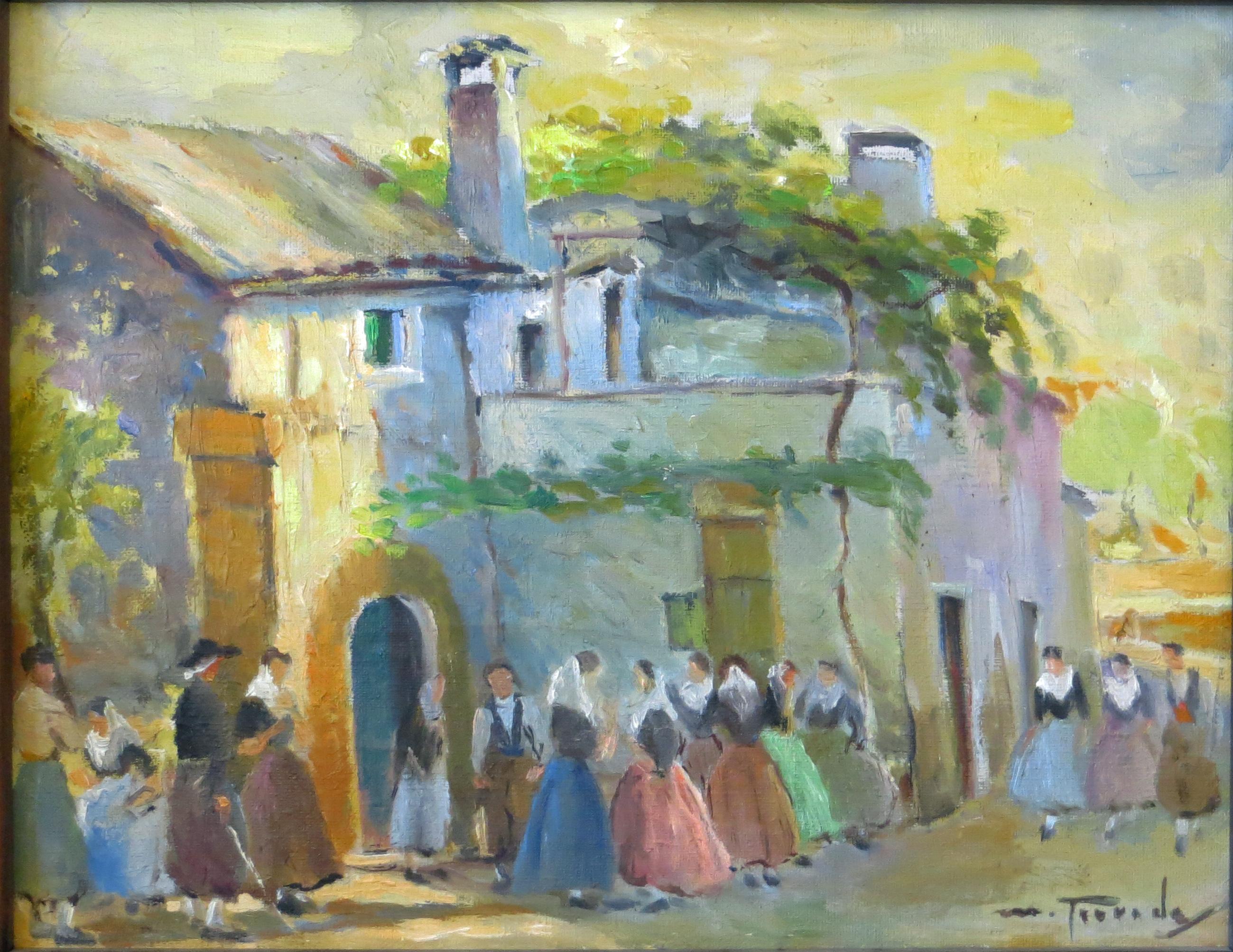 This beautiful painting depicts country life in the town of Andraitx in Mallorca. The painting is by Matias Terrades (1903-?), an artist who lived in the area. It is composed of oil on linen and measures 14”x18” (19.5”x23.5” framed). Judging by the