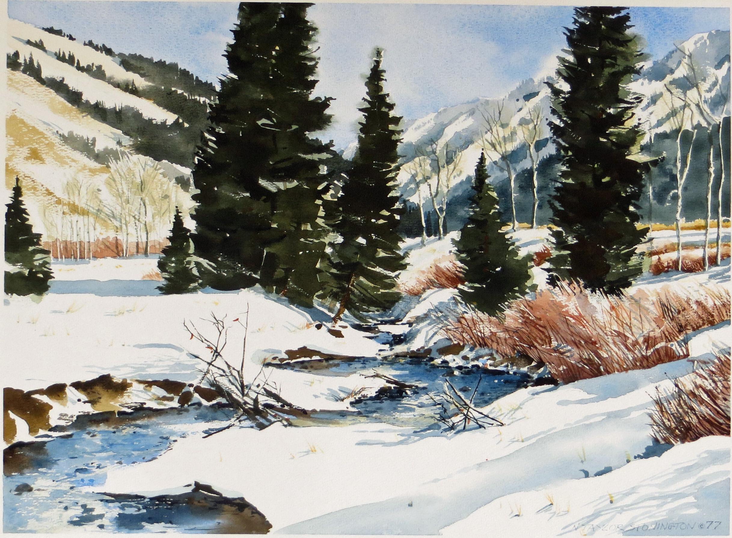 Nancy Taylor Stonington Landscape Painting - Winter Scene, Idaho - Watercolor 