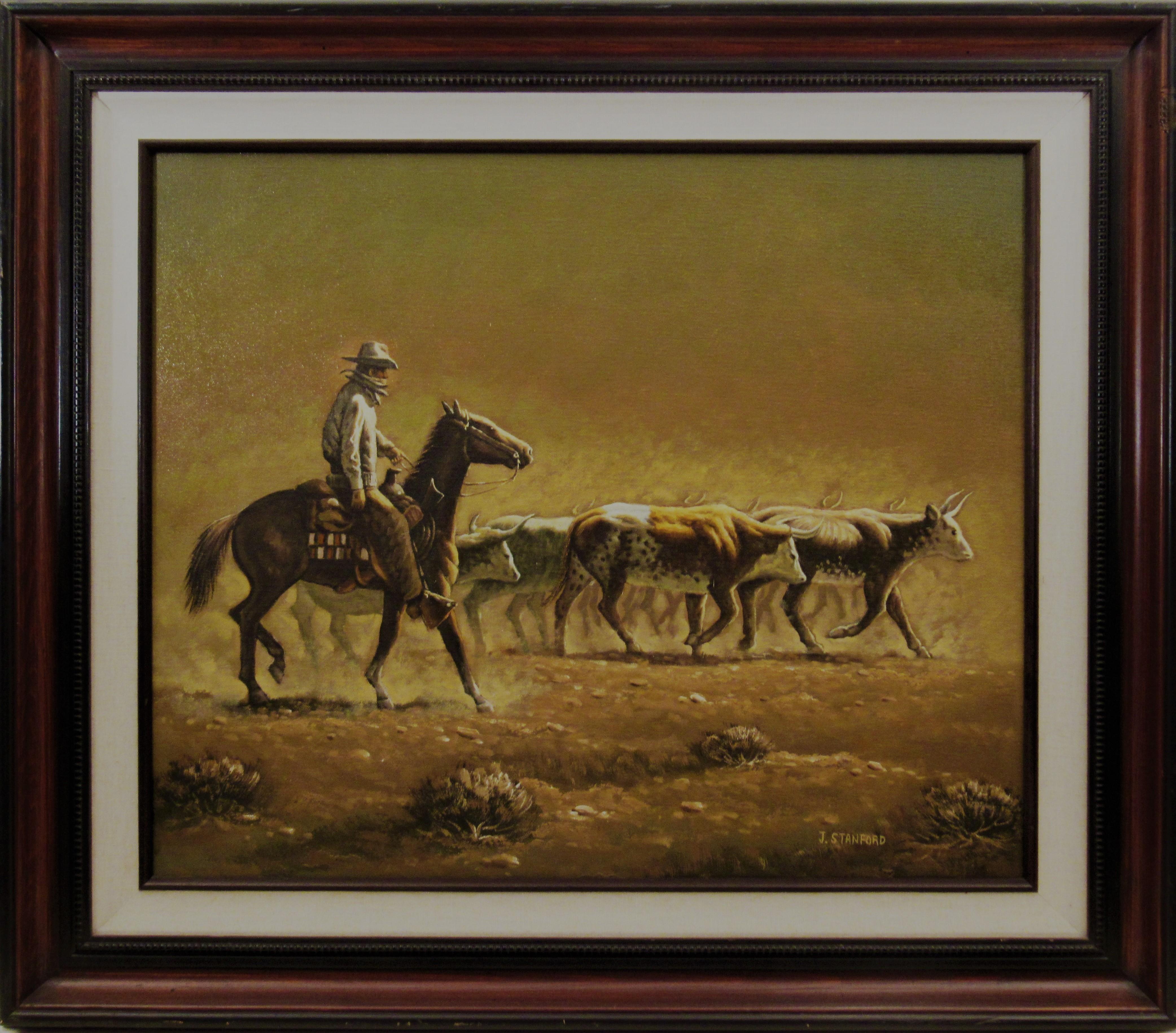 john stanford Figurative Painting - Horseman and cattle
