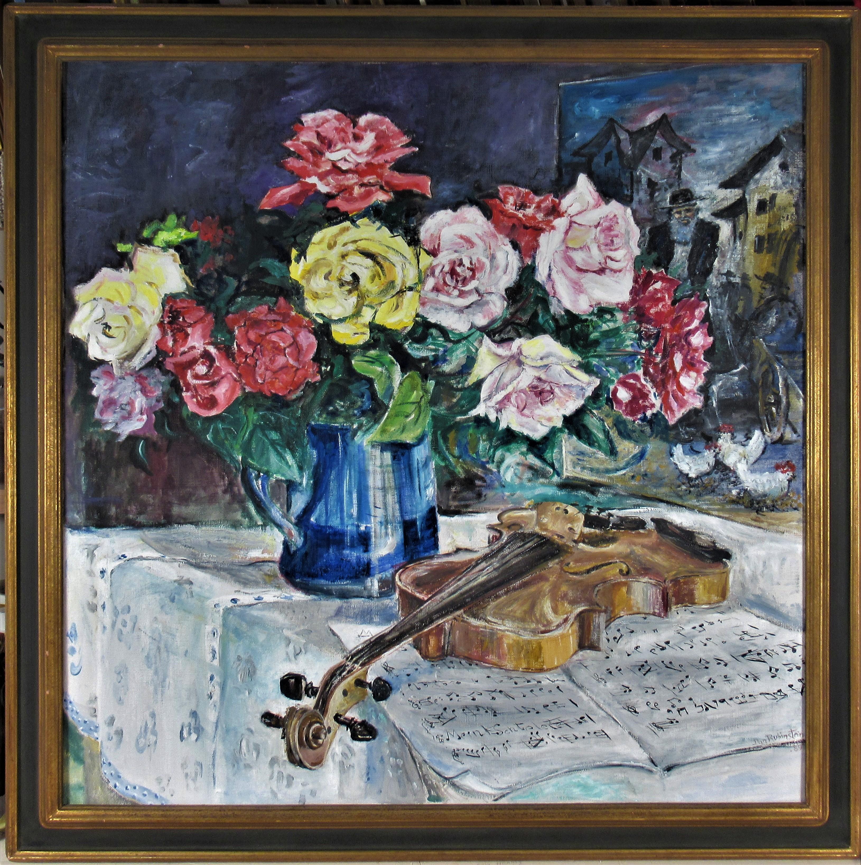 Figurative Painting Dan Rubinstein - Fleurs dans un vase et un violon