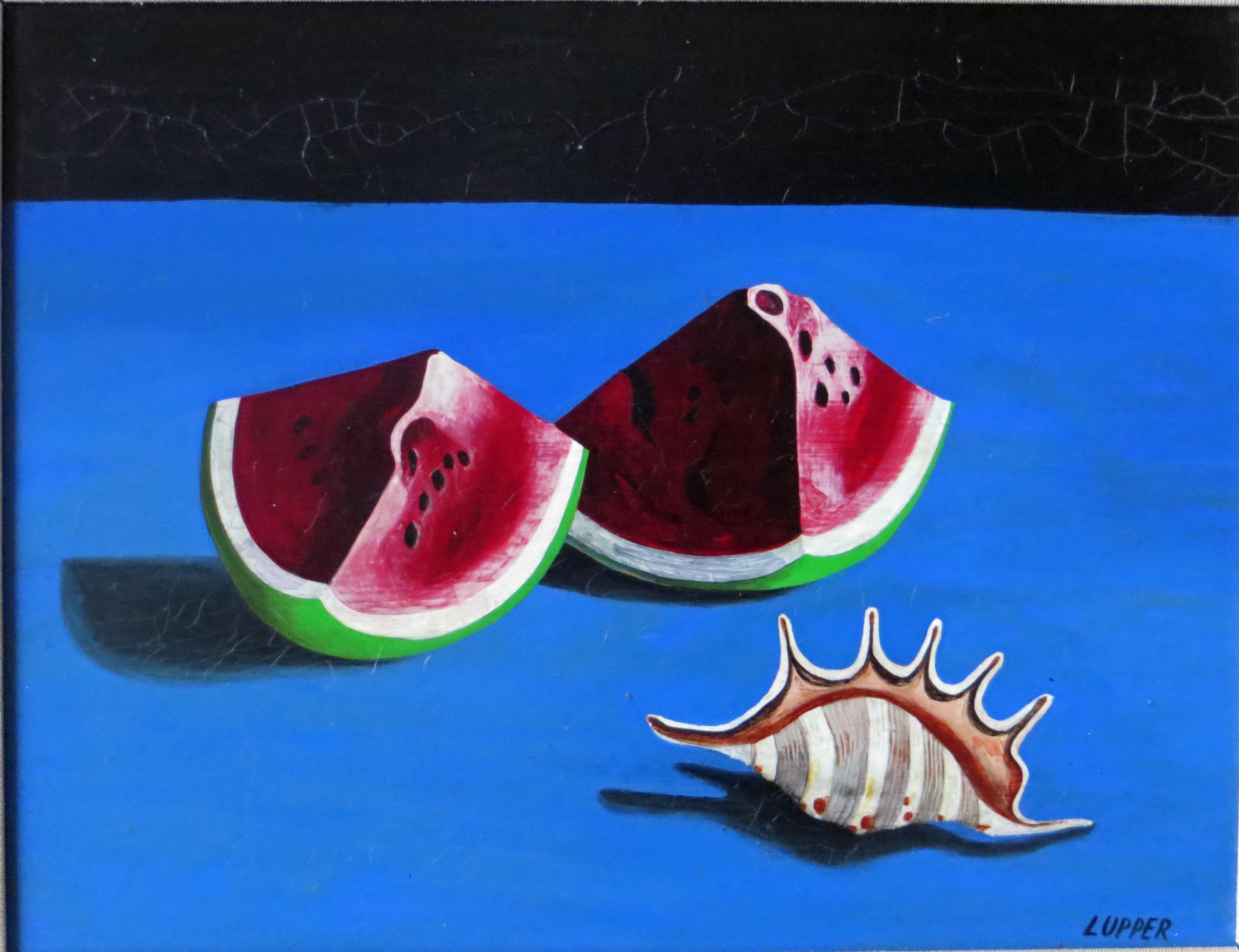 Edward Lupper Still-Life Painting – Rote Melonenscheibe - surrealistische Malerei