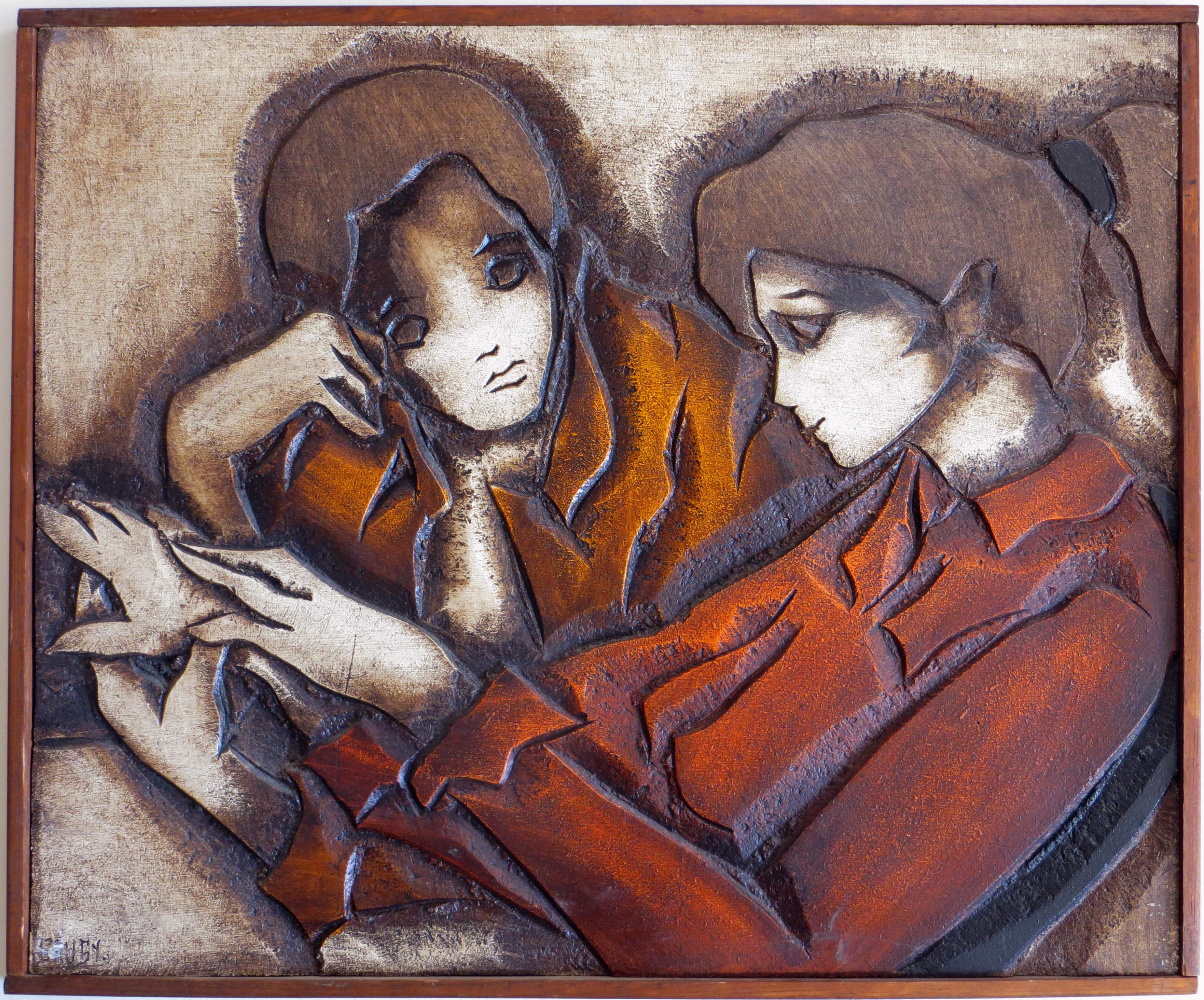 Jean-Claude Gaugy Figurative Painting - bas-relief Wall Sculpture - Two Persons in Conversation