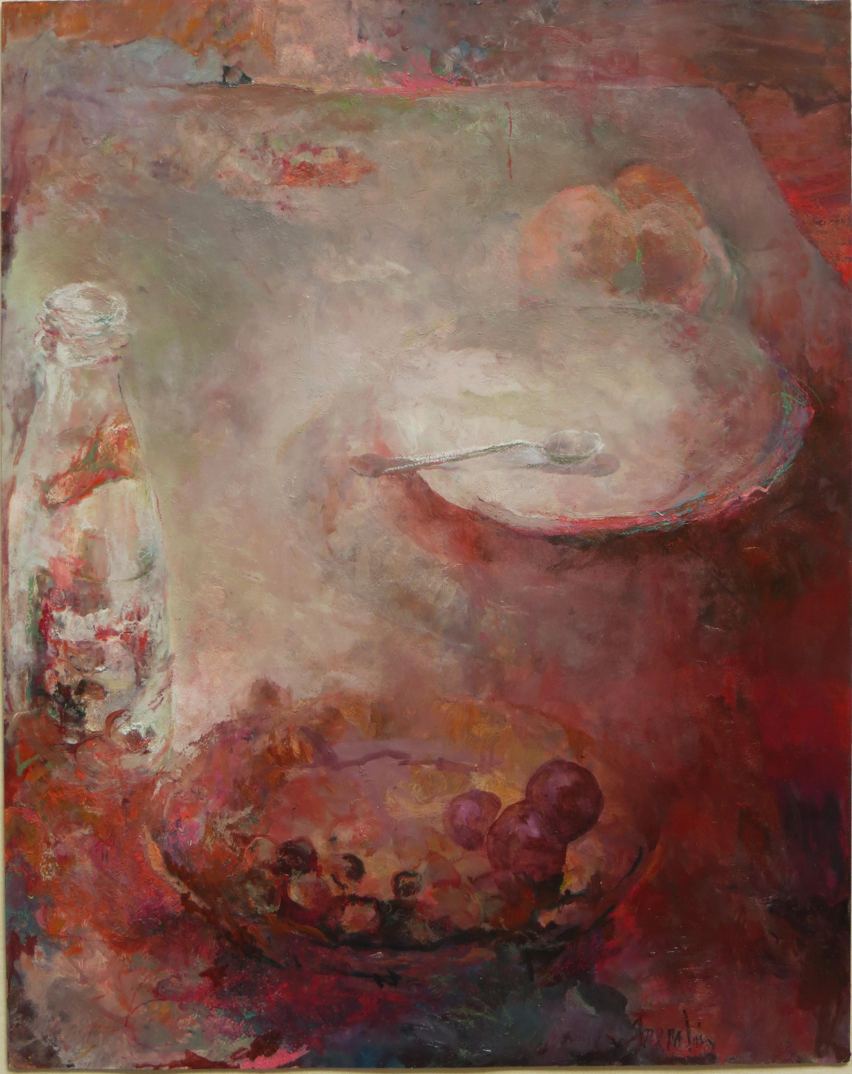 Still-Life Painting de Carol Fremlin - Bodegón con Fruta, Plato y Botella