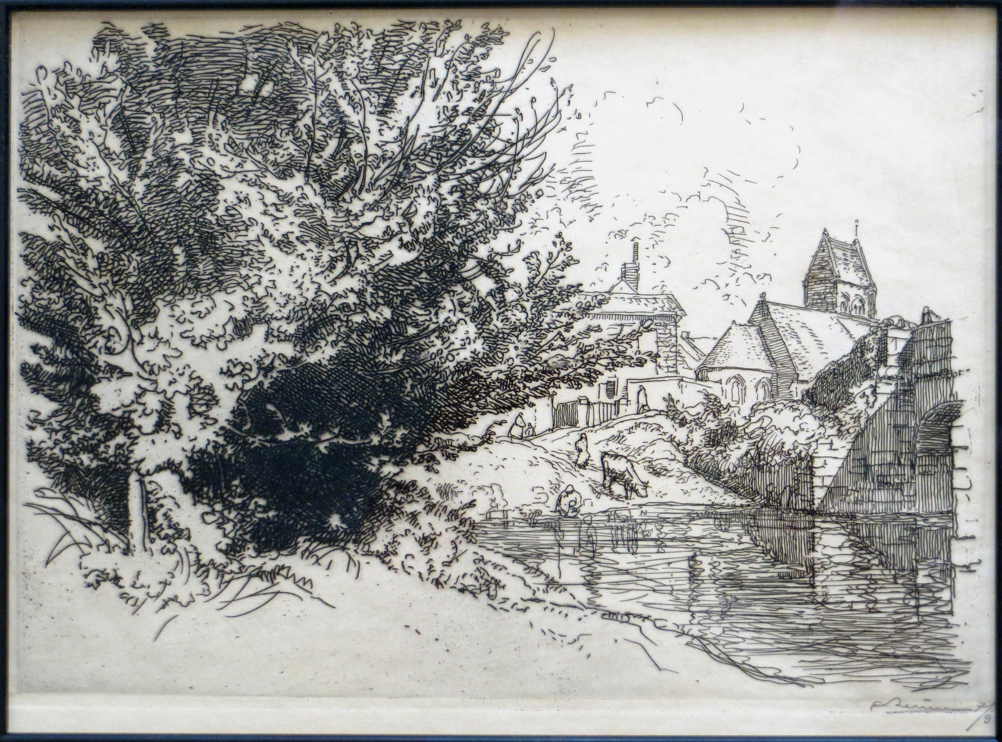 August Louis Lepere Landscape Print - L'eglise de Villeneuve sur Bellot, Seine-et-Marn