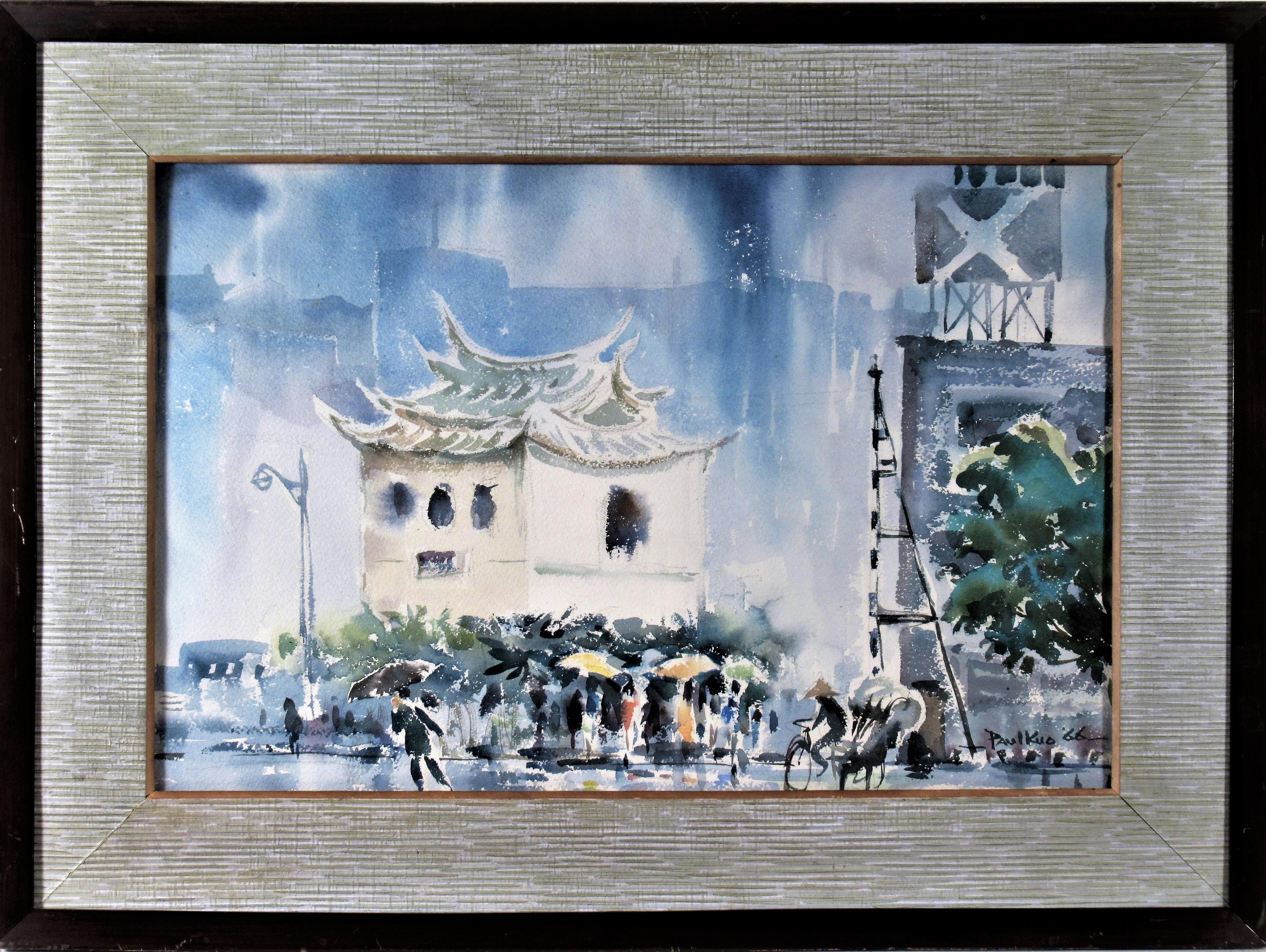 Paul Kuo Figurative Art - Chinatown Under the Rain