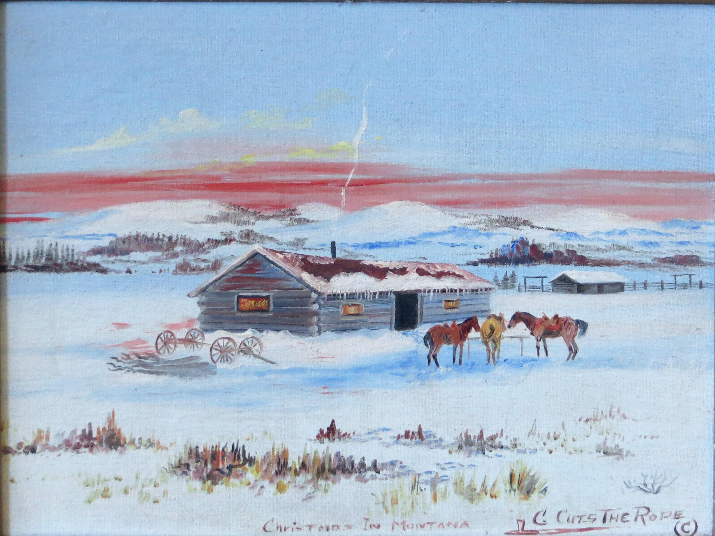 Clarence Cuts The Rope Landscape Painting - Christmas in Montana