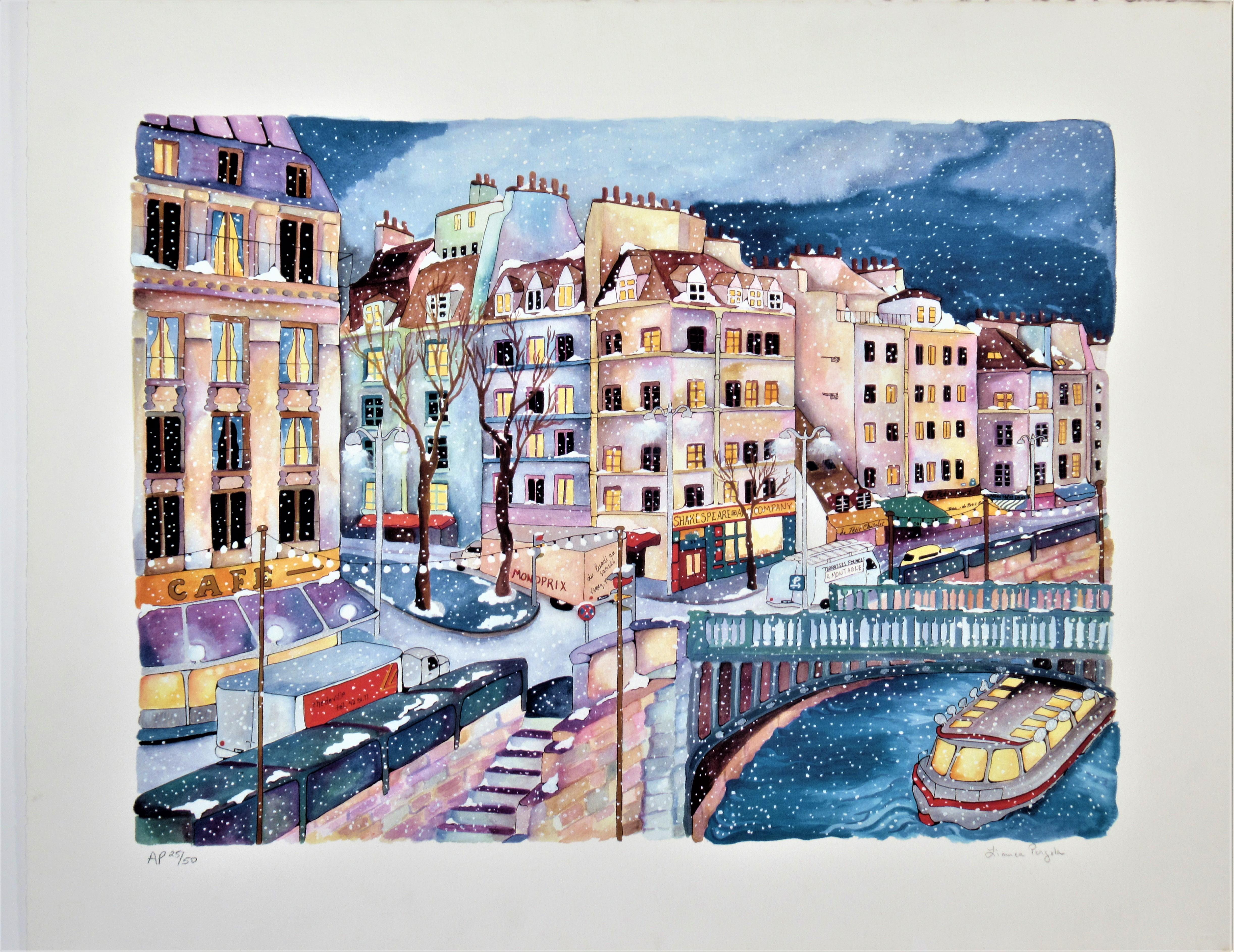 Linea Pergola Figurative Print - La Seine a Paris, Large original color serigraph