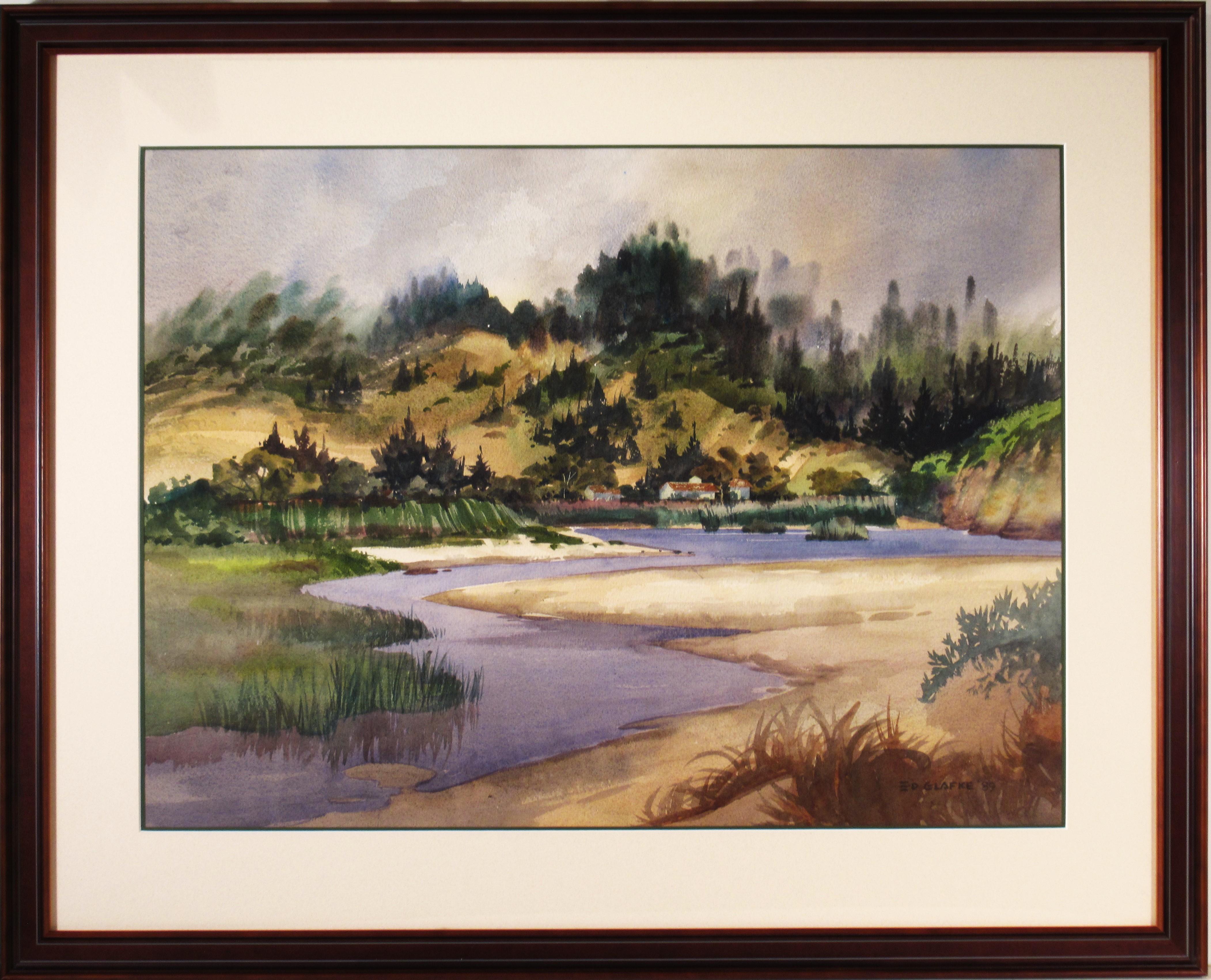 Edward Glafke Figurative Art - "Carmel River, Carmel, California" Large watercolor